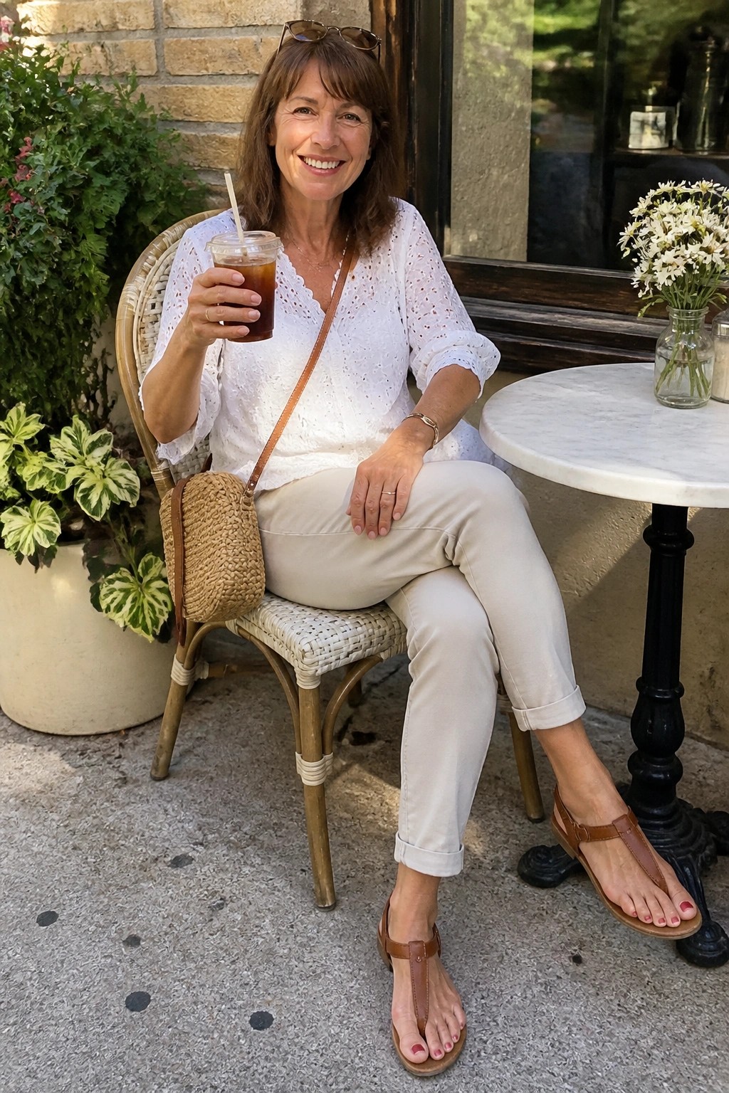 Smiling woman in white lace top and beige pants holds iced coffee at outdoor cafe
