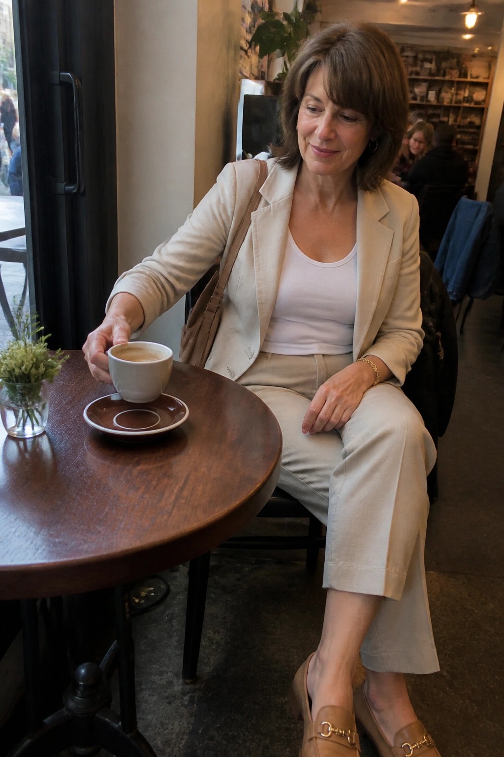 Woman in beige blazer holds white coffee cup at round wooden cafe table