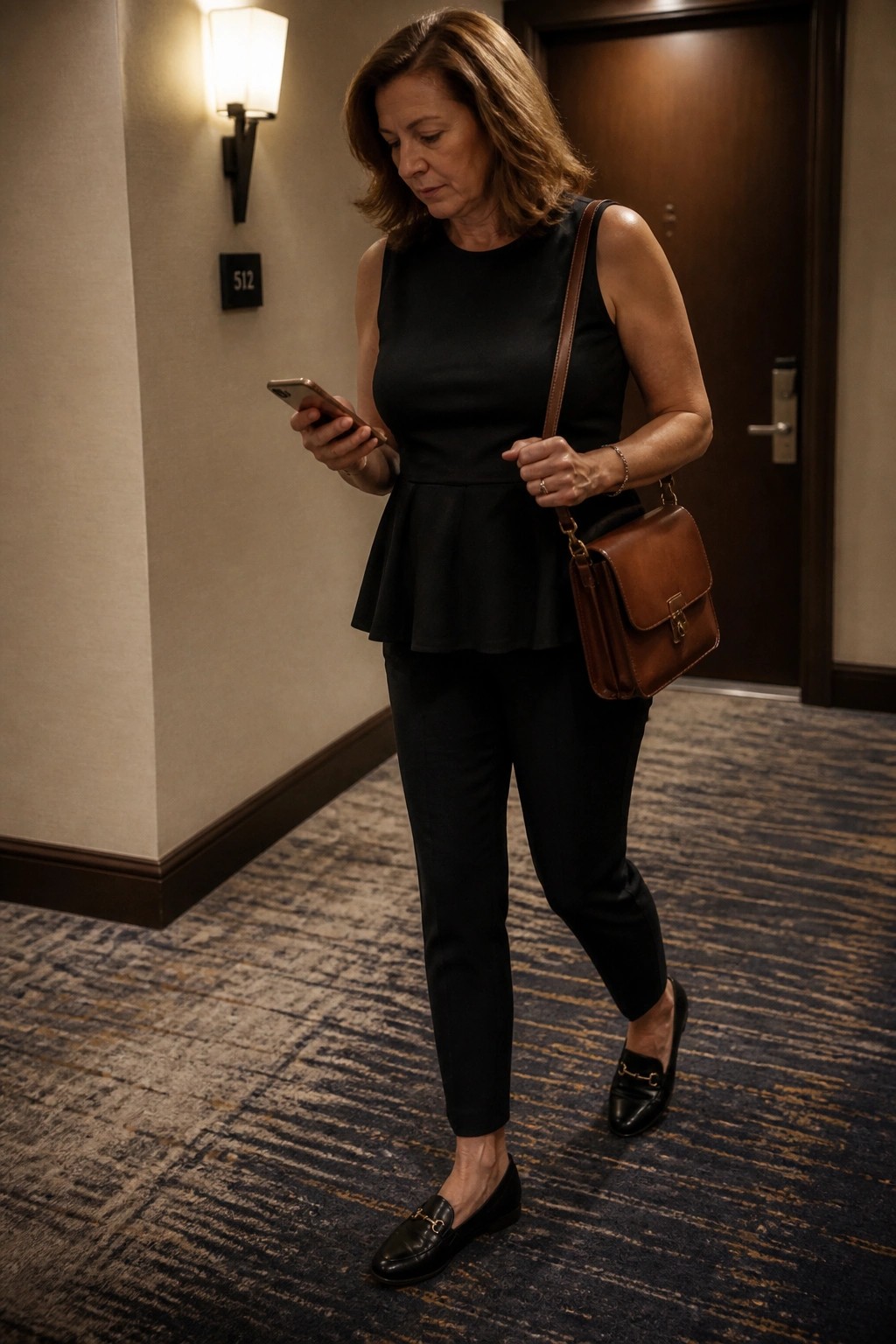 Woman in black peplum top checking smartphone in hallway with brown leather bag