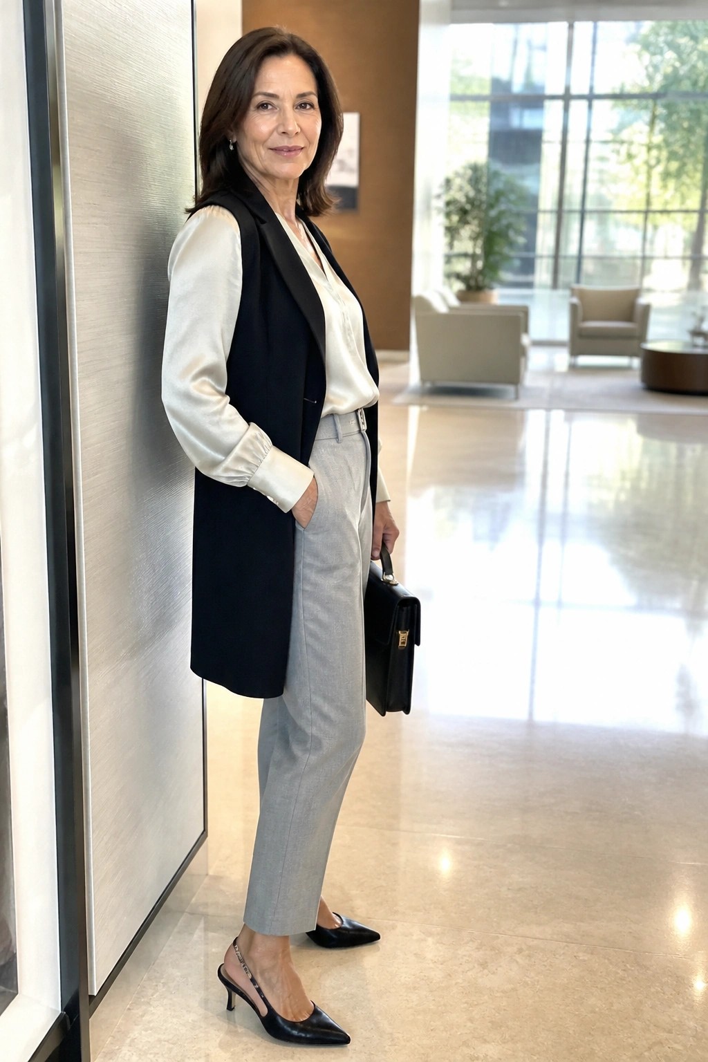 Woman over 50 wearing a black sleeveless vest over a white satin blouse with gathered cuffs, light gray straight-leg trousers, and black pointed slingback heels while holding a small black handbag.