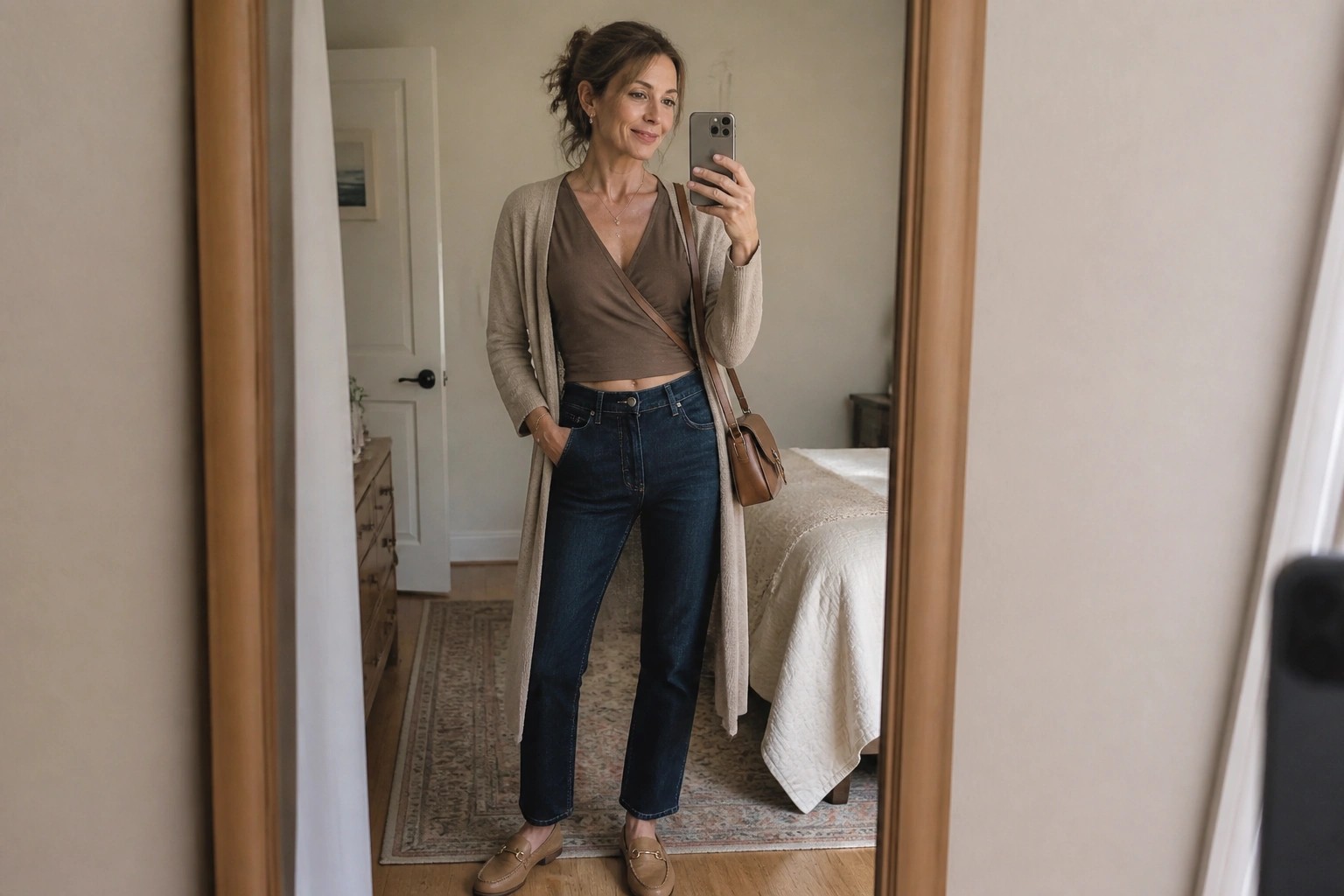 Woman in beige cardigan and green wrap top taking bedroom mirror selfie.