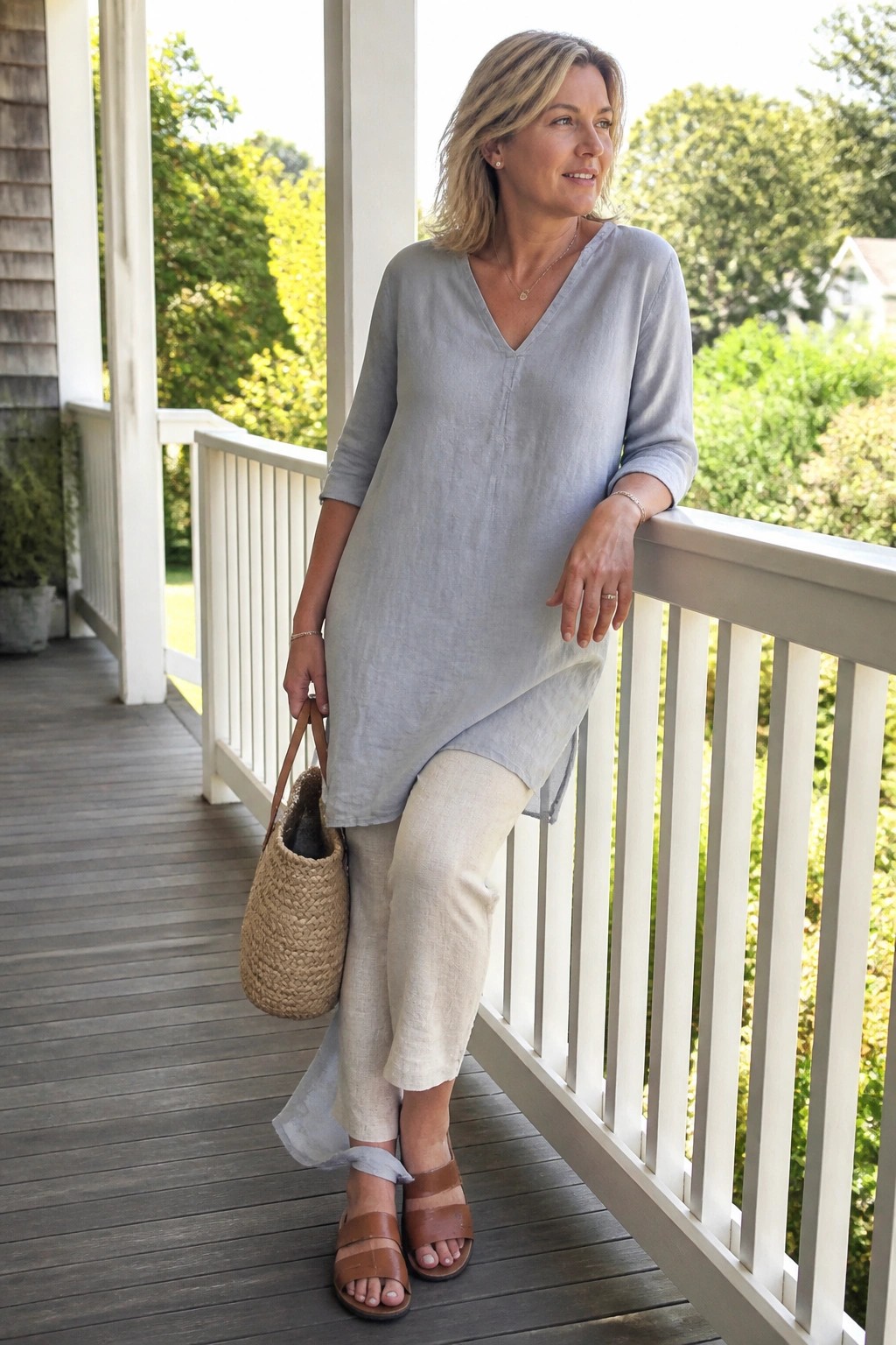 Woman in light blue tunic and beige pants leaning on porch with straw bag