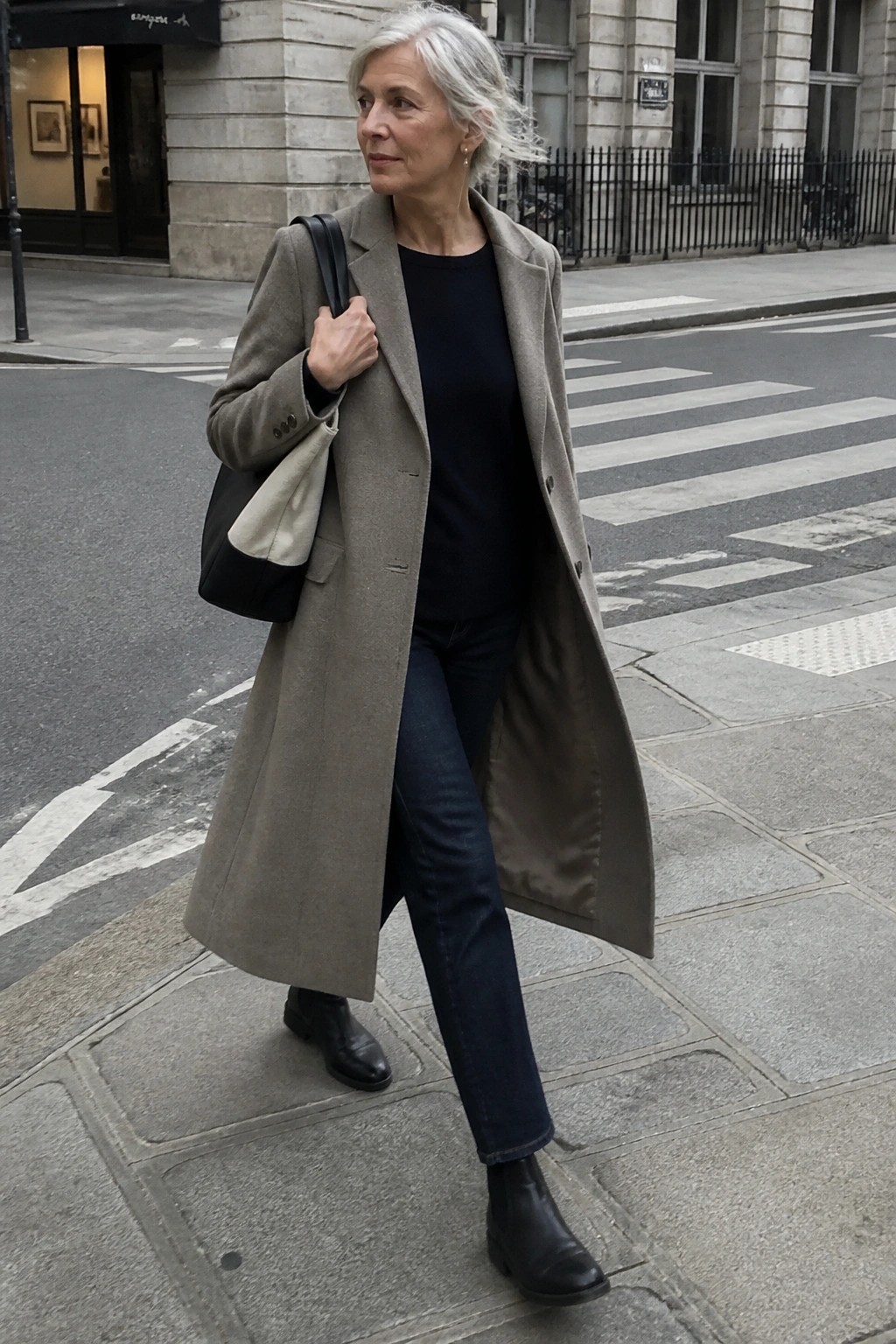 Woman with gray hair in long taupe coat and jeans carrying tote bag on street