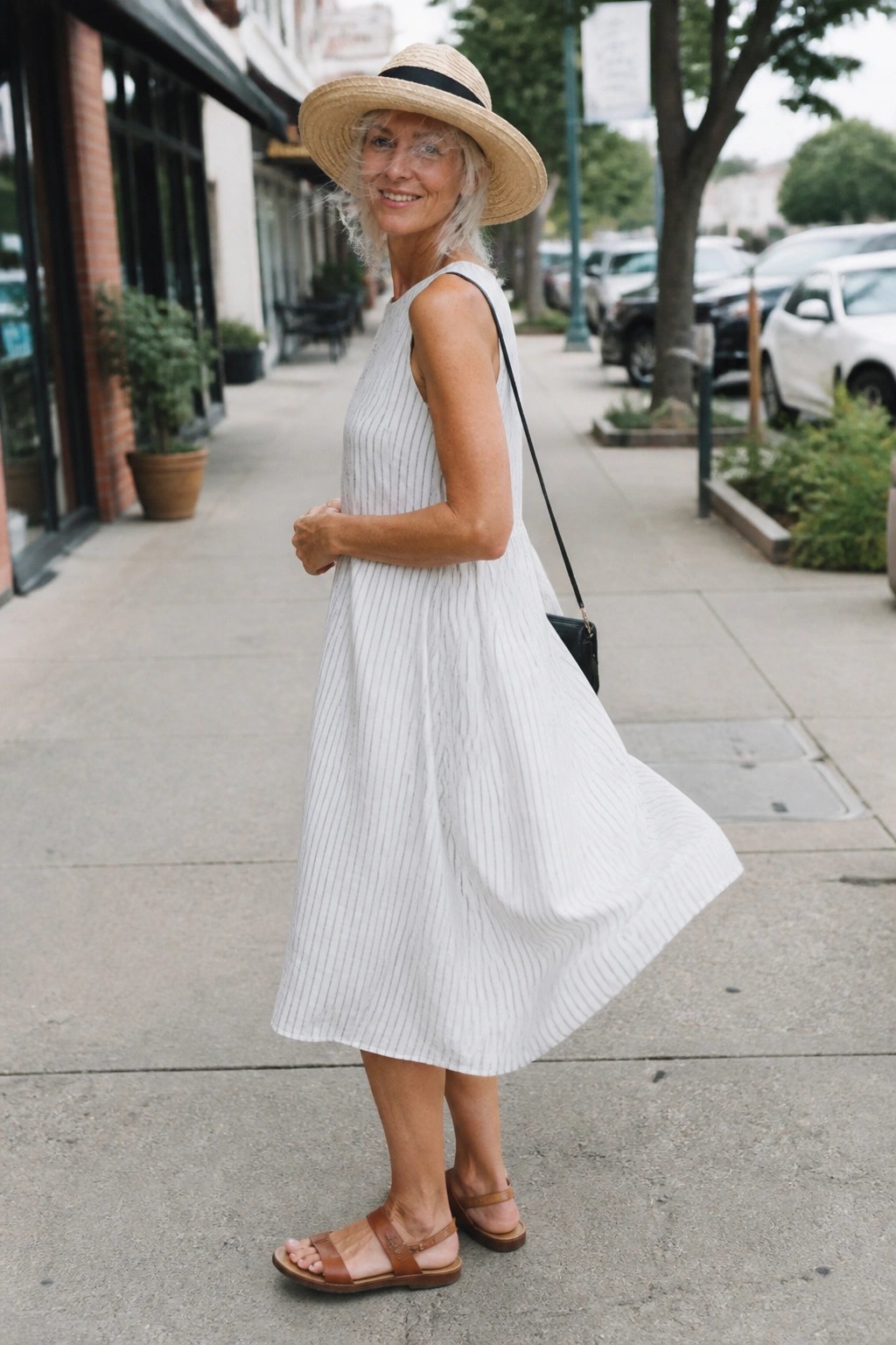 A woman over 50 wearing a white sleeveless midi dress with thin vertical stripes, paired with brown leather sandals and a straw hat, standing on a sidewalk.