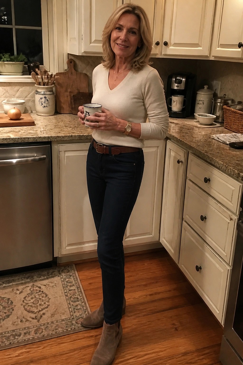 Smiling blonde woman in cream sweater and jeans holds mug in kitchen