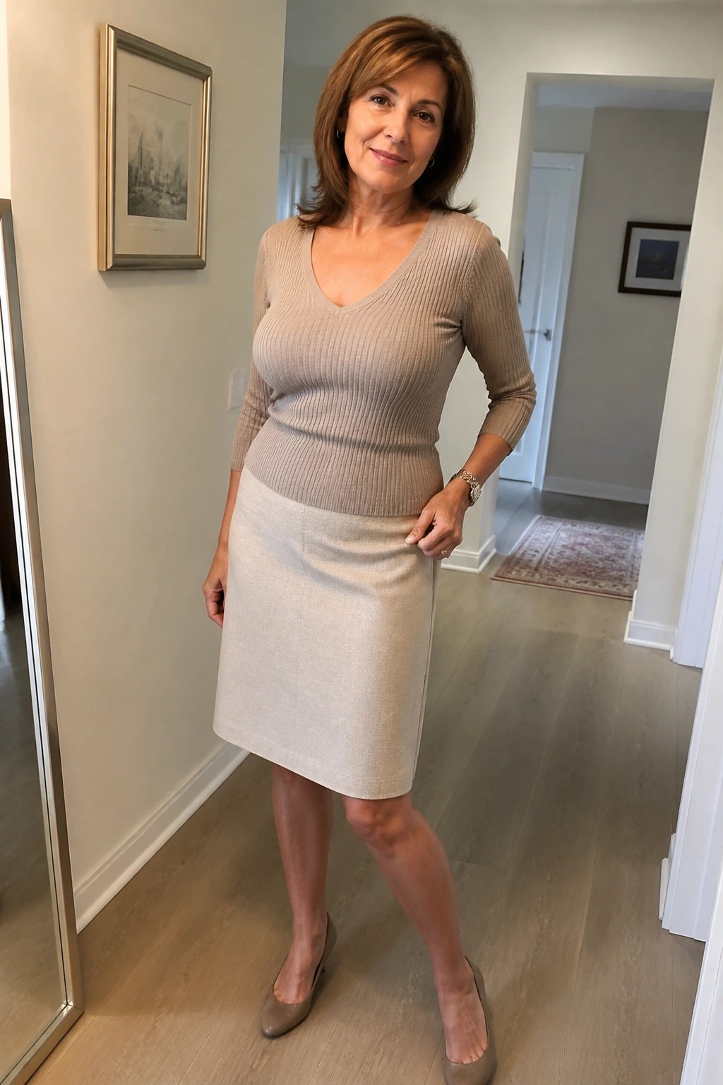 Woman in beige V-neck sweater and pencil skirt posing in home hallway