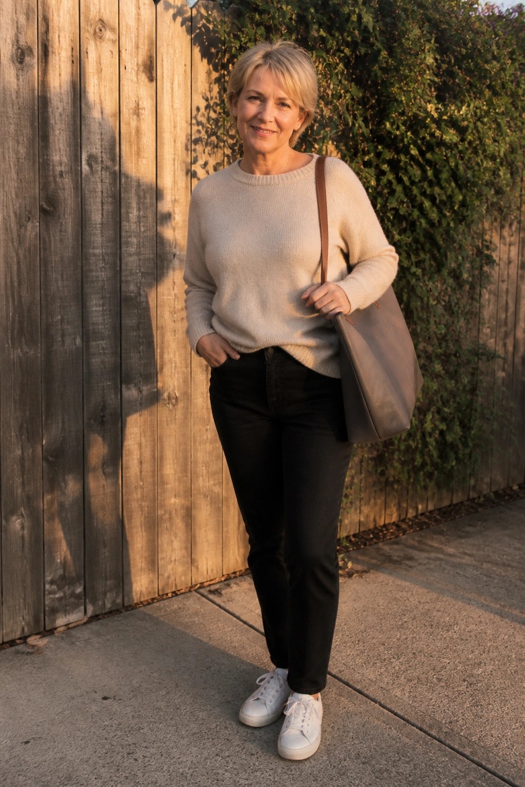 Smiling woman in beige sweater and black jeans holding leather tote by wooden fence