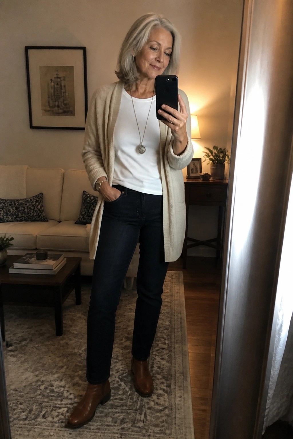 Woman over 50 wearing open beige cardigan over white tee with dark jeans and brown ankle boots while taking a mirror selfie in a living room.