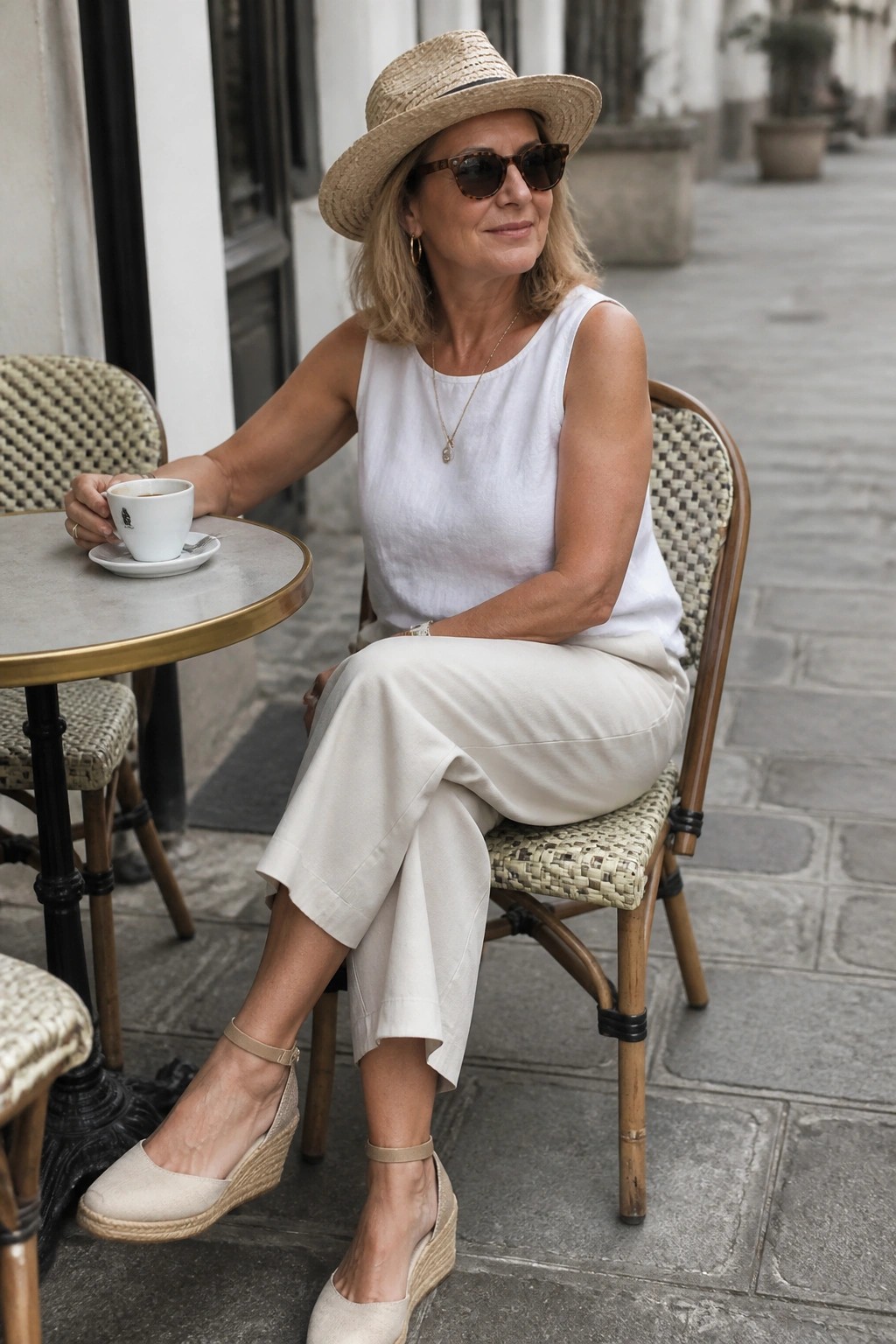 Woman in straw hat and sunglasses at outdoor café table with coffee.