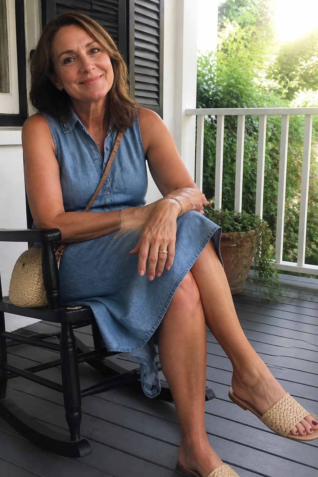 Woman in blue denim dress seated on black rocking chair on sunny porch