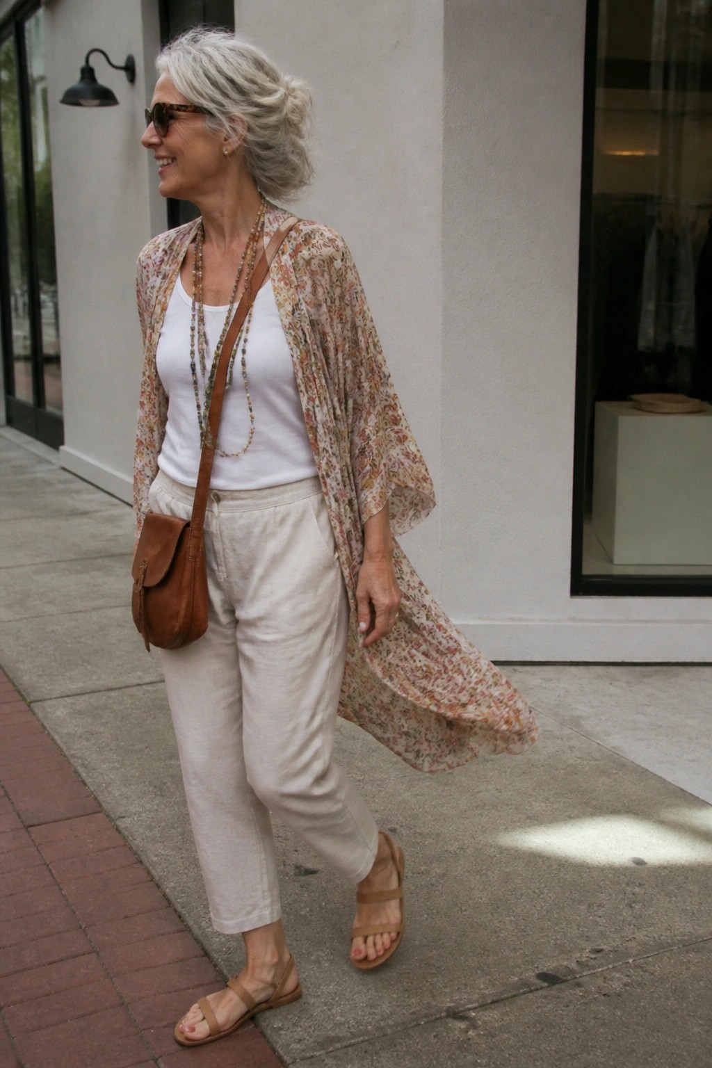 Stylish older woman in floral kimono, white top, beige pants strolling on sidewalk
