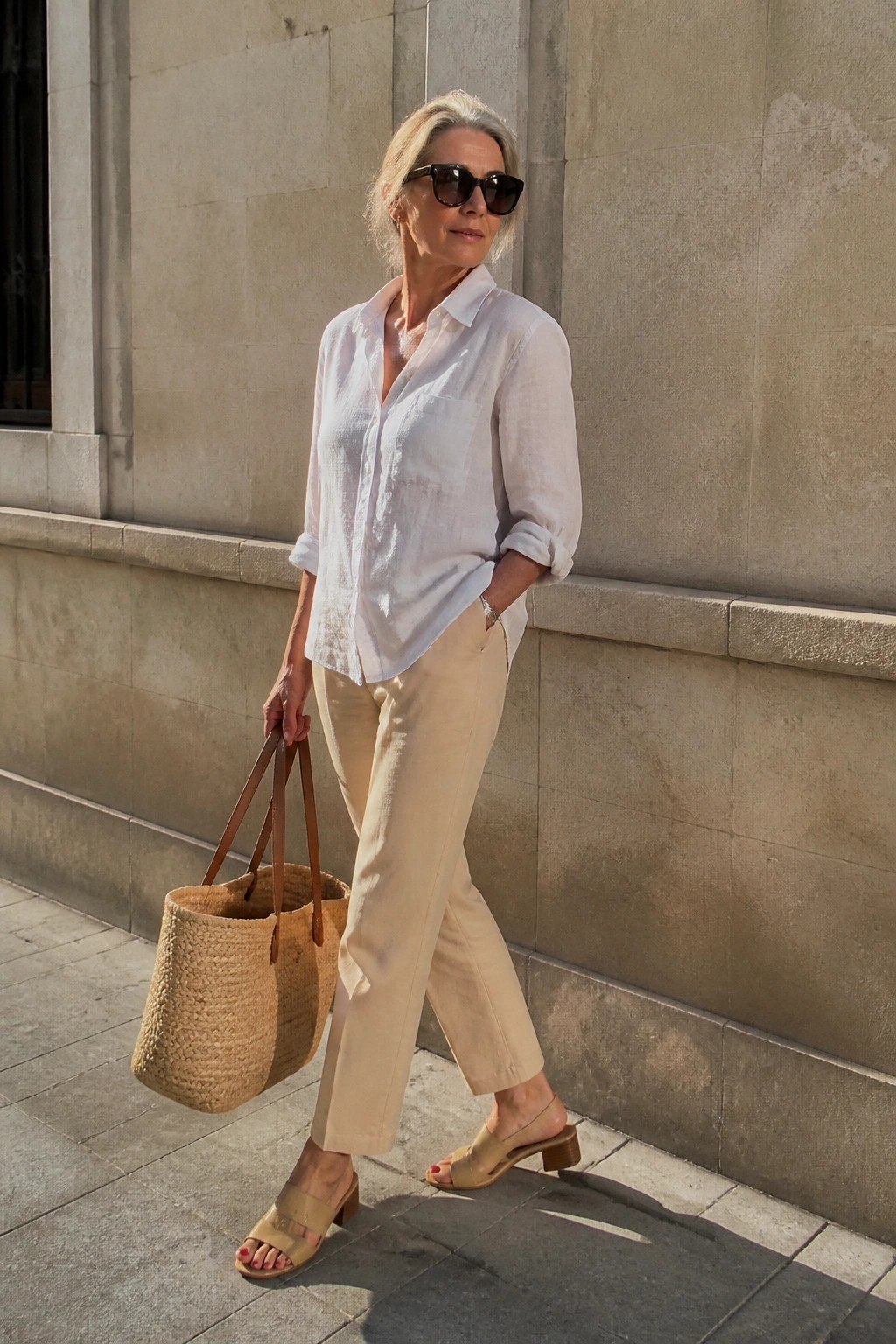 Elegant woman in white shirt and beige pants holding woven straw tote bag.