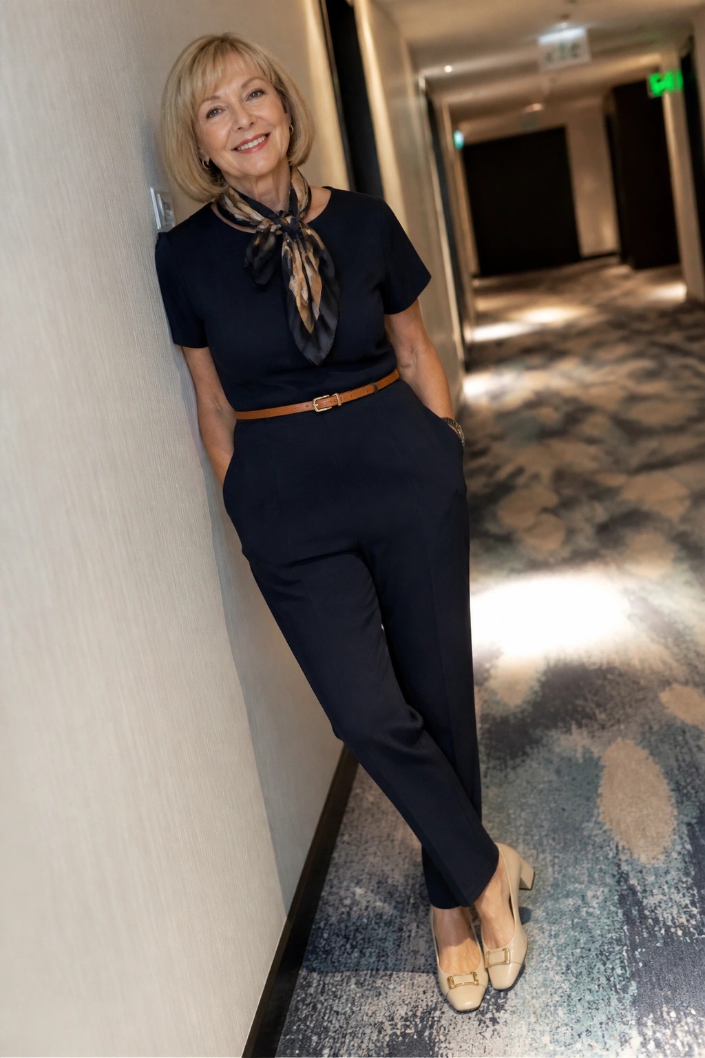 Smiling blonde woman in navy blue outfit with scarf leaning in hallway