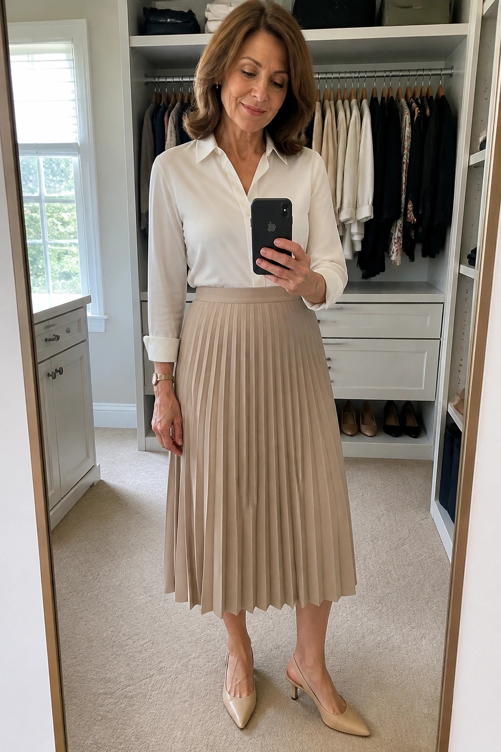 Woman in white shirt and beige pleated skirt taking mirror selfie in closet.