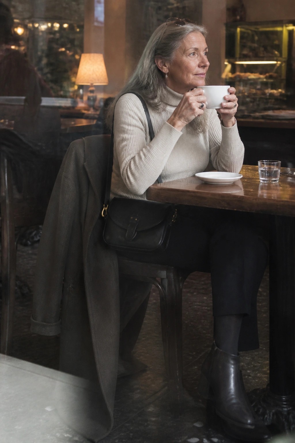 Silver-haired woman in beige turtleneck holds white cup at wooden cafe table