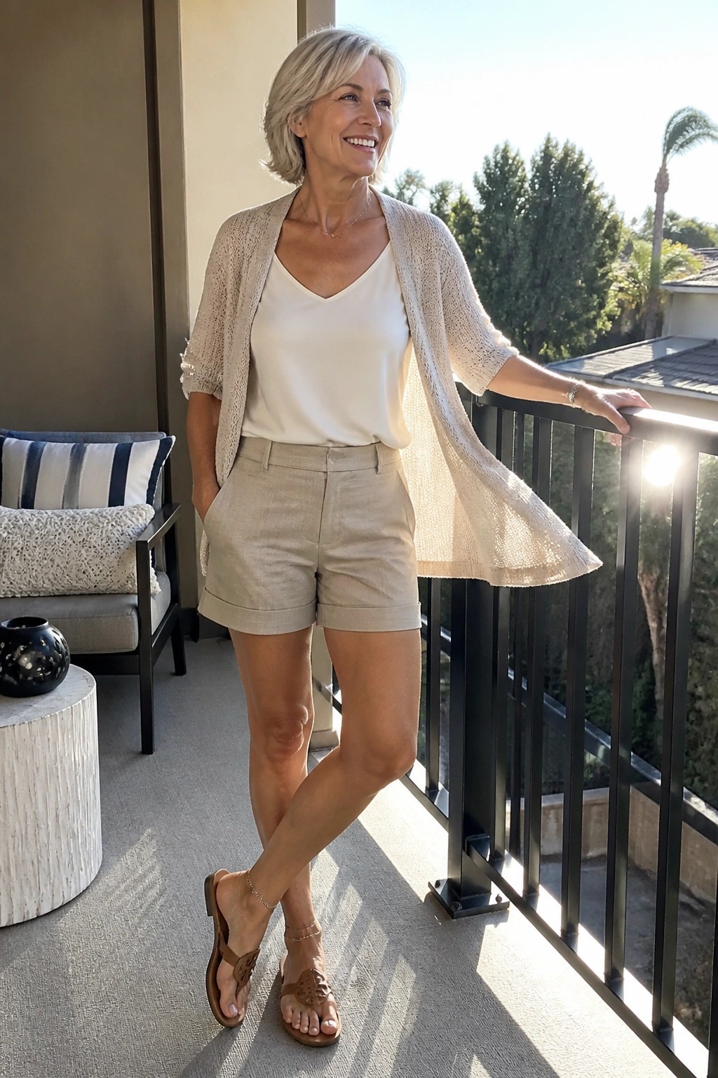 Smiling woman in white top, beige cardigan and shorts on sunny balcony railing.