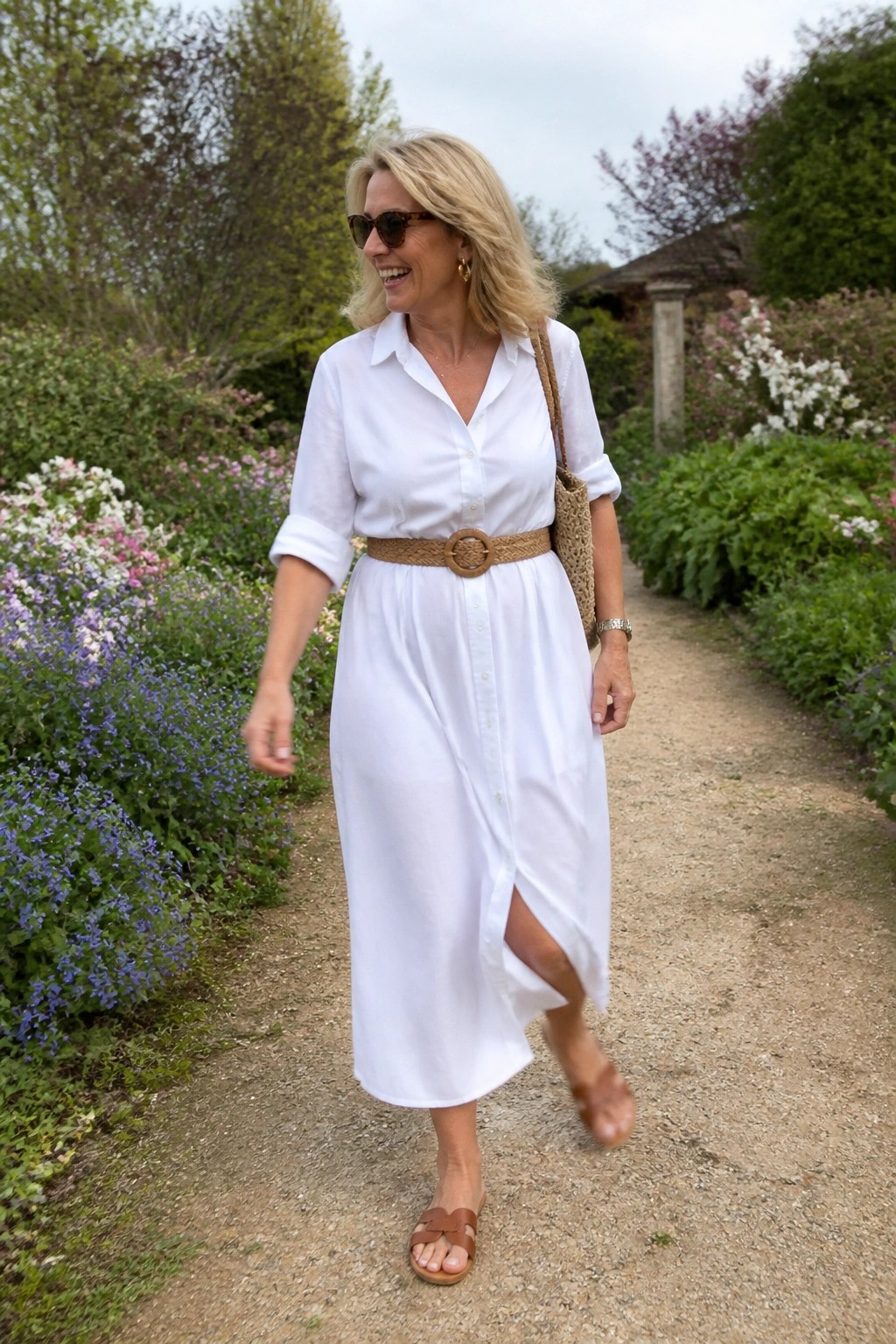 Blonde woman in white belted shirt dress with woven bag on garden path