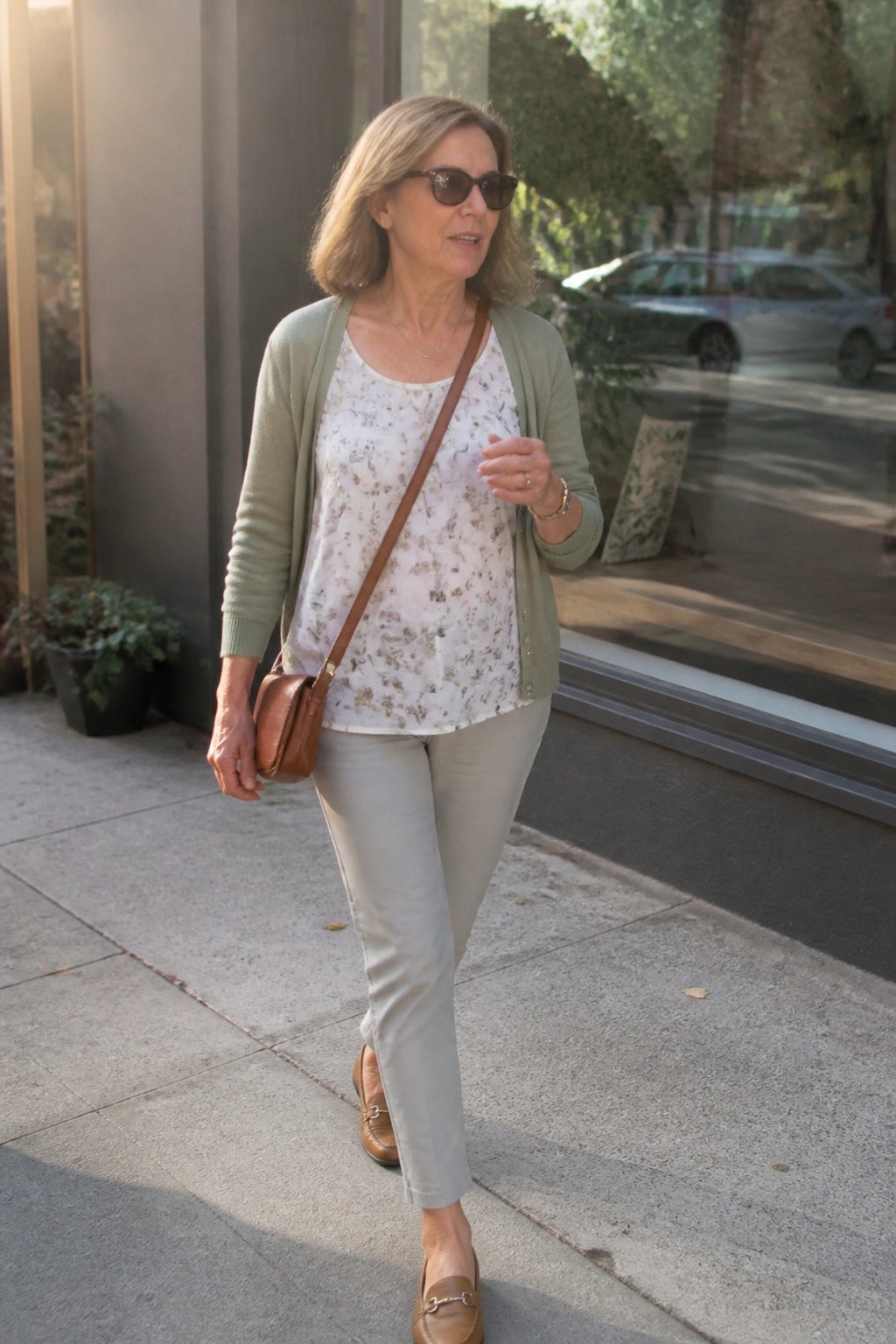 Older woman in sage cardigan over floral top walking on sidewalk