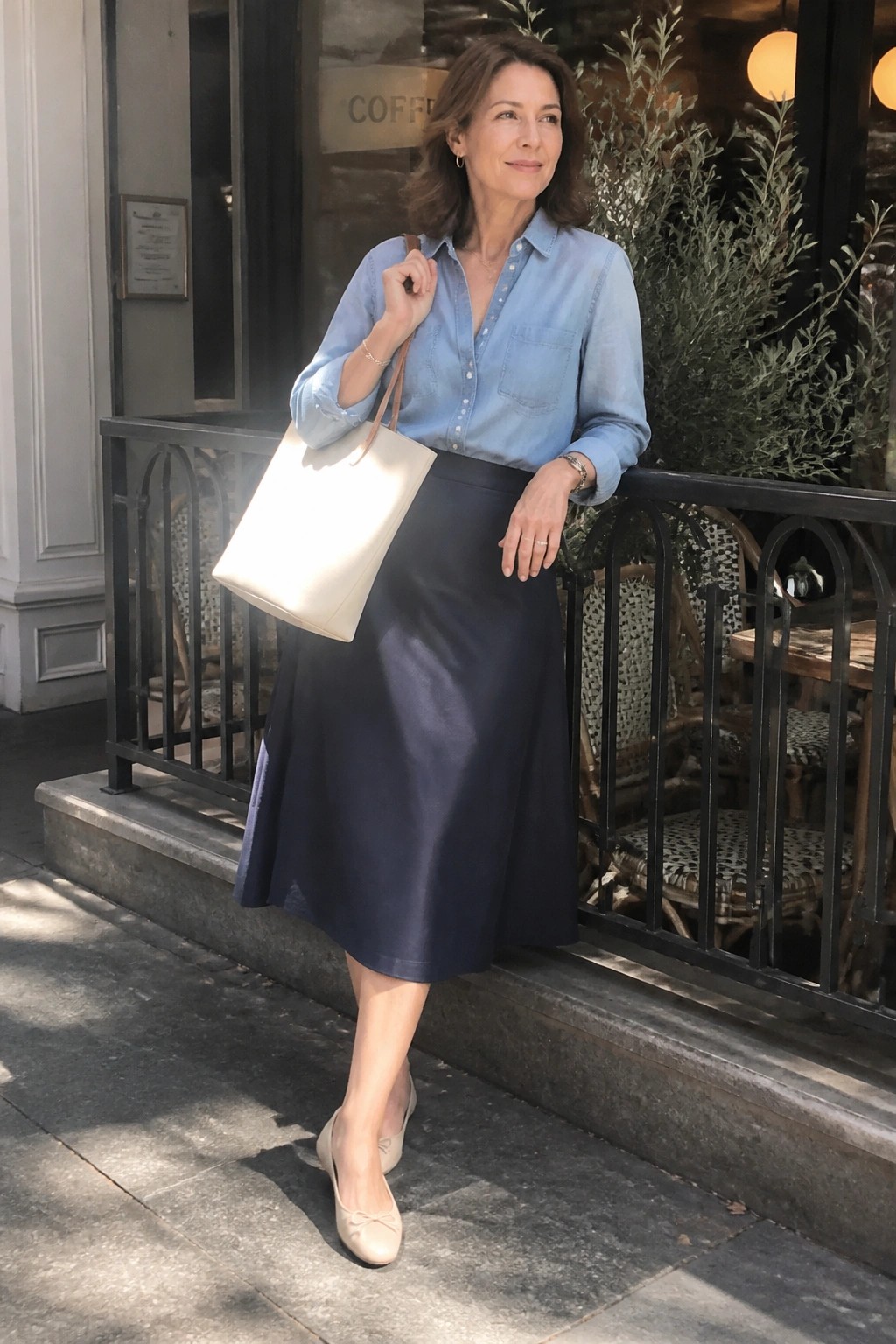 Woman in light blue shirt and navy skirt holding cream tote outside cafe