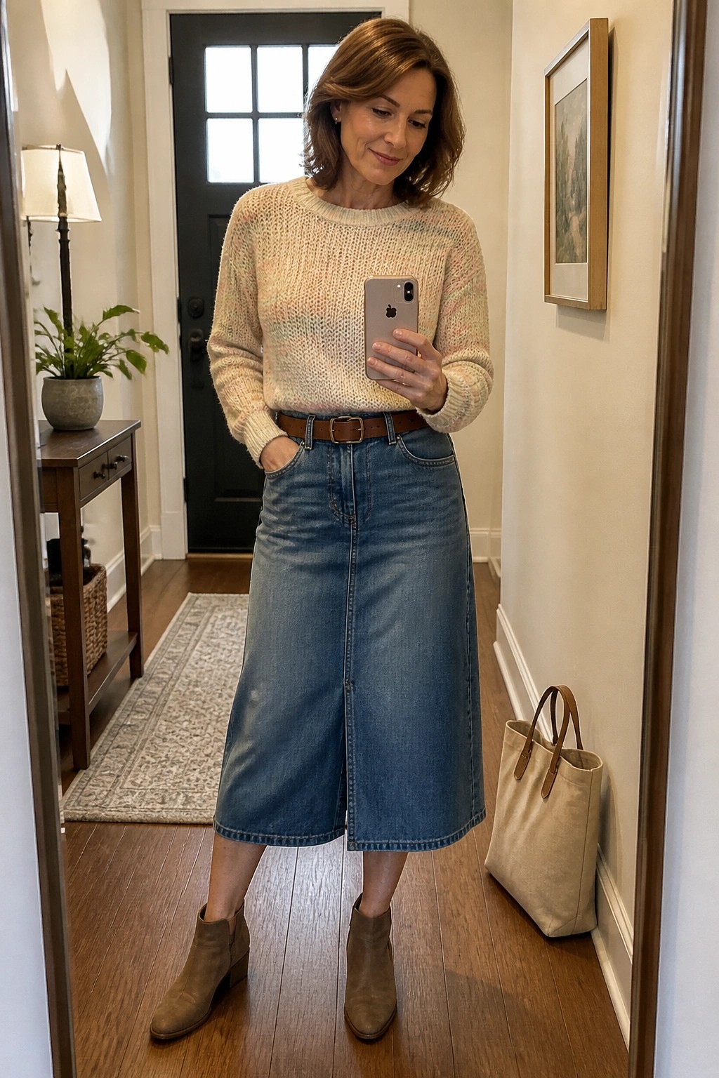 Woman in pastel sweater and denim skirt taking mirror selfie with phone