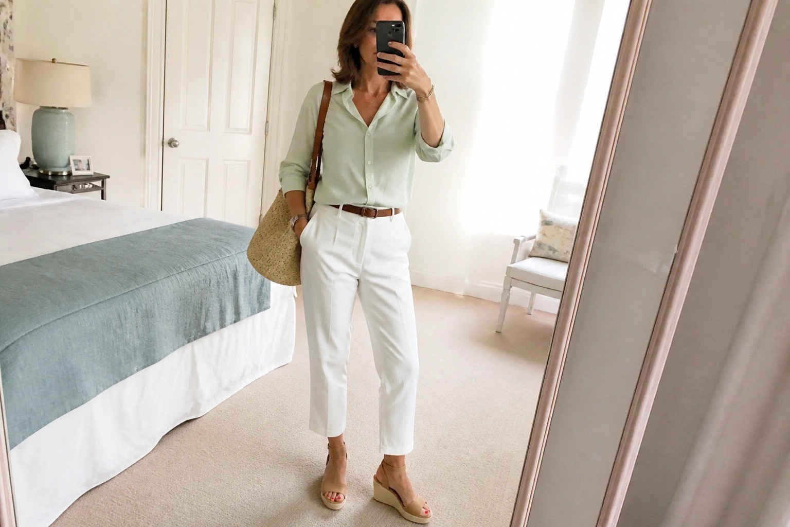 Woman in light blue shirt and white pants taking mirror selfie in bedroom