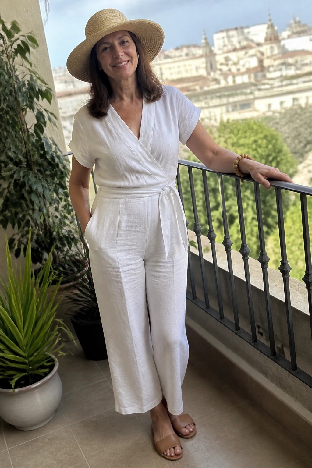 Woman in white linen wrap top and wide pants with straw hat on city balcony