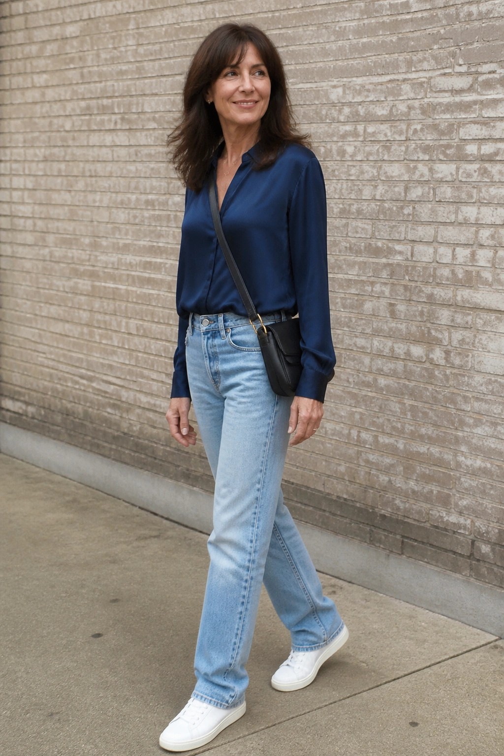 Woman in navy blouse and light jeans with black crossbody bag by brick wall