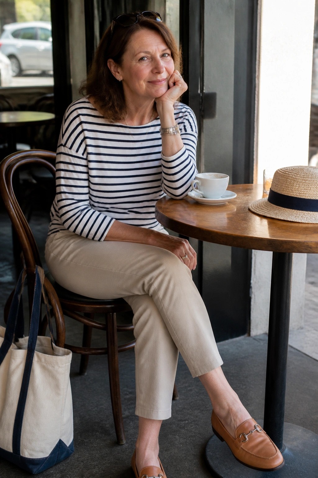 Woman in striped shirt and beige pants at cafe table with coffee and hat