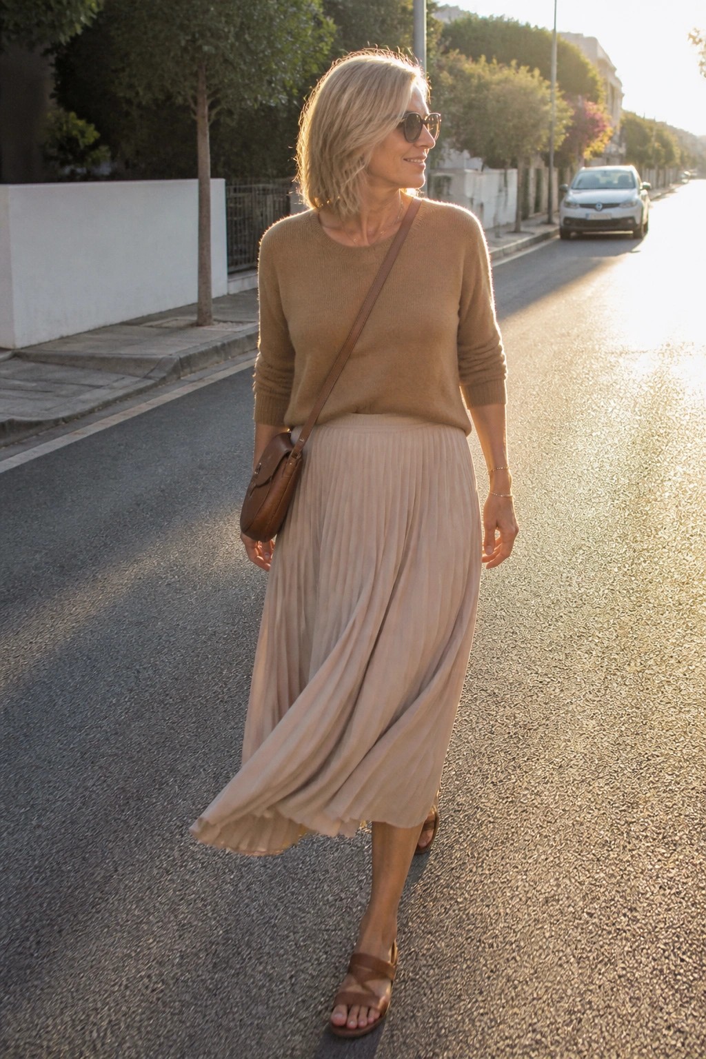 Woman over 50 in a beige knit sweater tucked into a long pleated beige skirt with brown leather sandals and a matching crossbody bag.