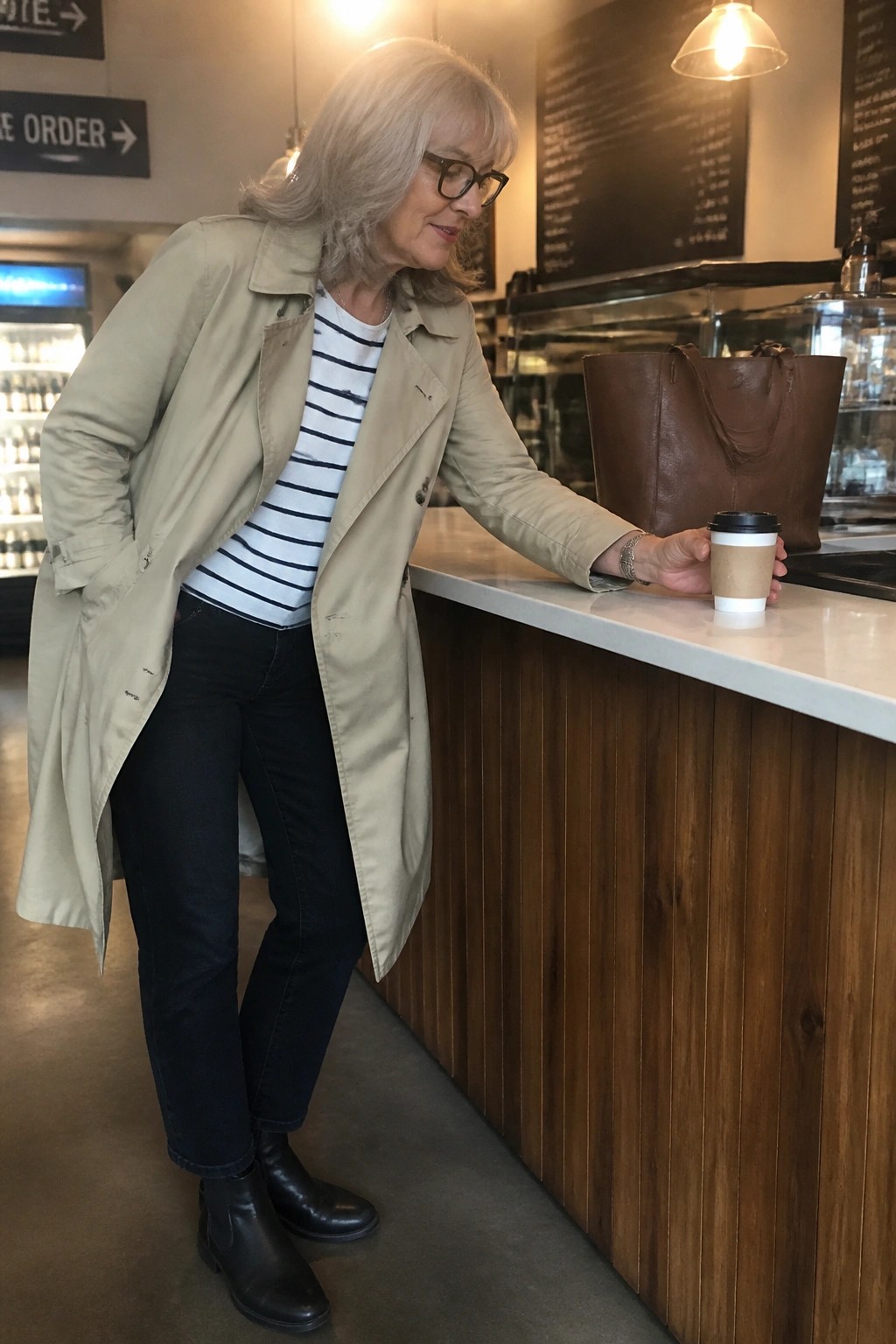 Woman in beige trench coat and striped top at cafe counter holding coffee