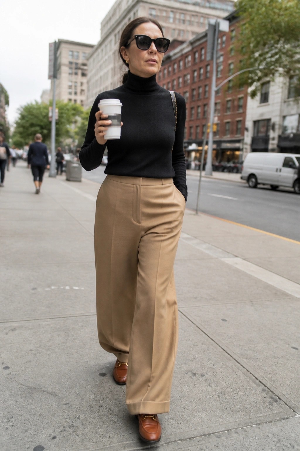 Woman in black turtleneck and tan trousers holding coffee on city sidewalk