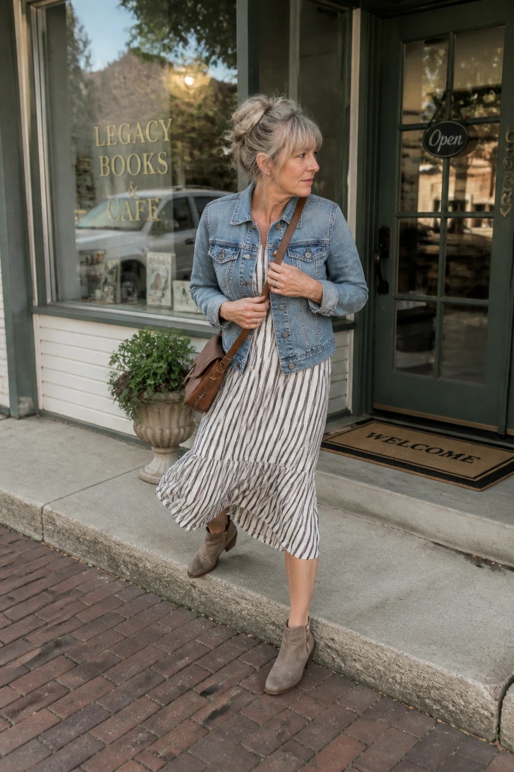Woman in denim jacket and striped dress outside Legacy Books & Cafe entrance