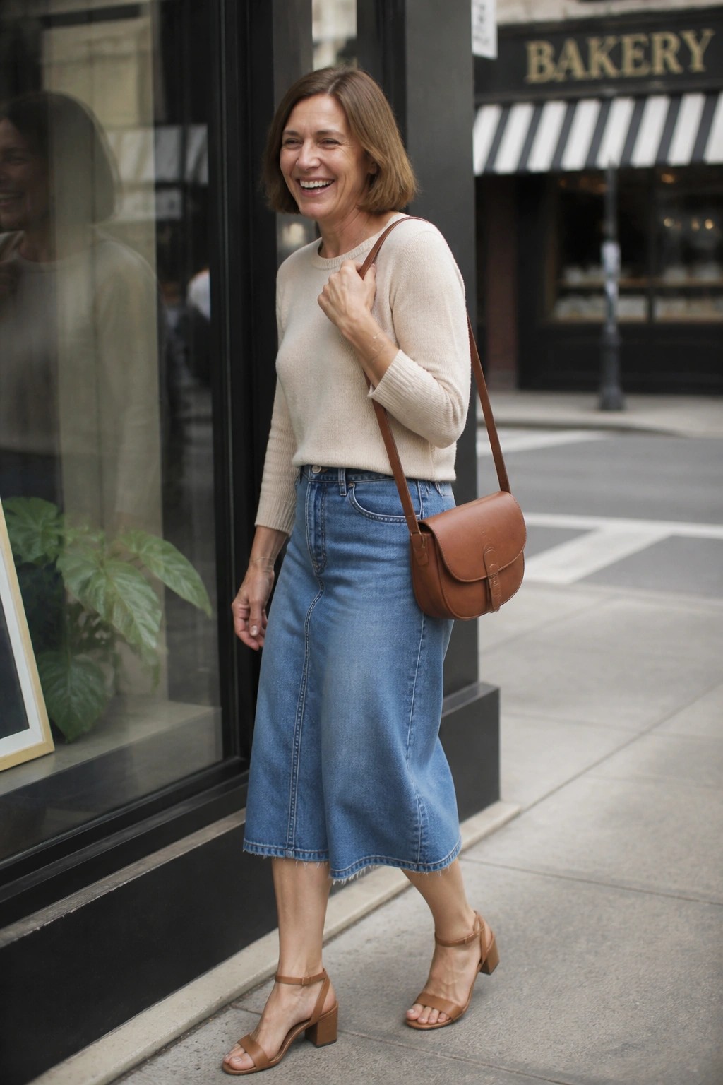 Woman in beige sweater and blue denim skirt with brown bag on sidewalk
