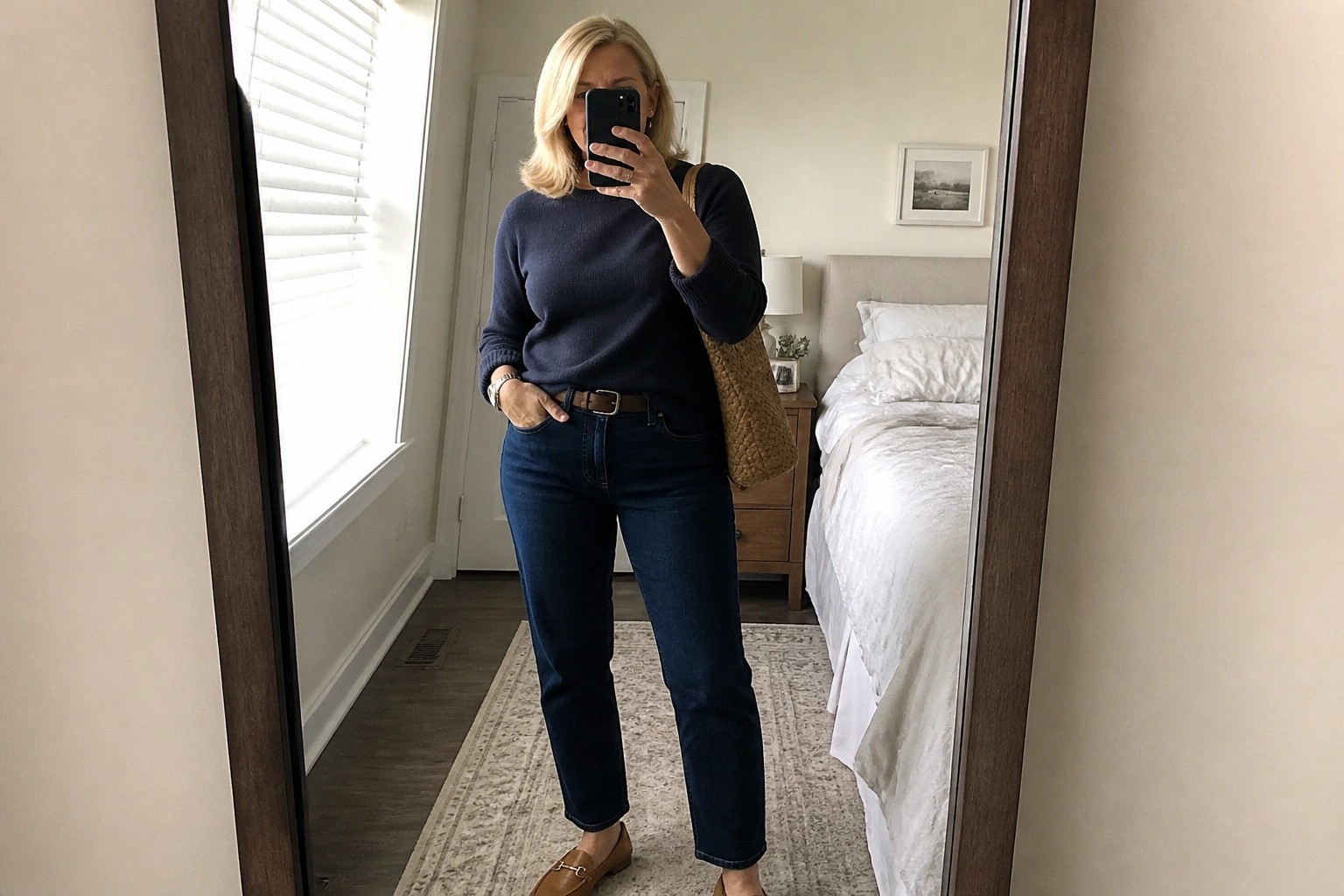 Woman over 50 wearing a navy ribbed sweater tucked into dark straight leg jeans with a brown leather belt, brown loafers, and a brown woven tote bag, standing in a bedroom.