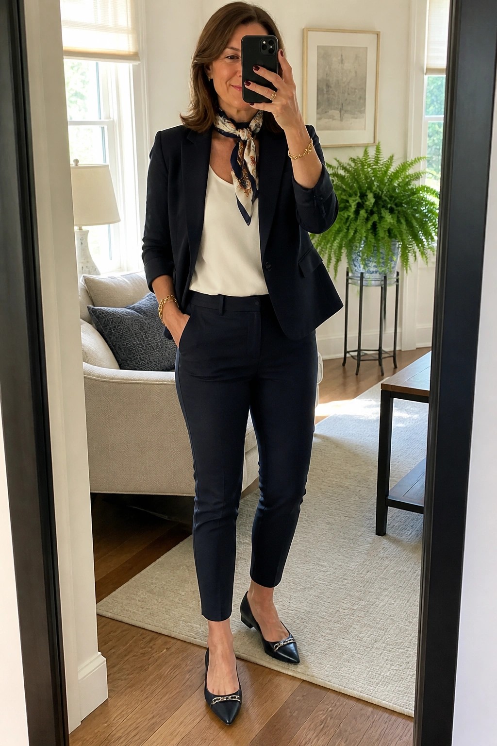 Woman in navy pantsuit and patterned scarf taking mirror selfie in living room