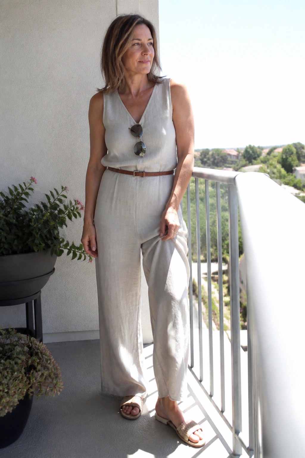 Woman in beige linen jumpsuit with brown belt on sunny balcony with plants