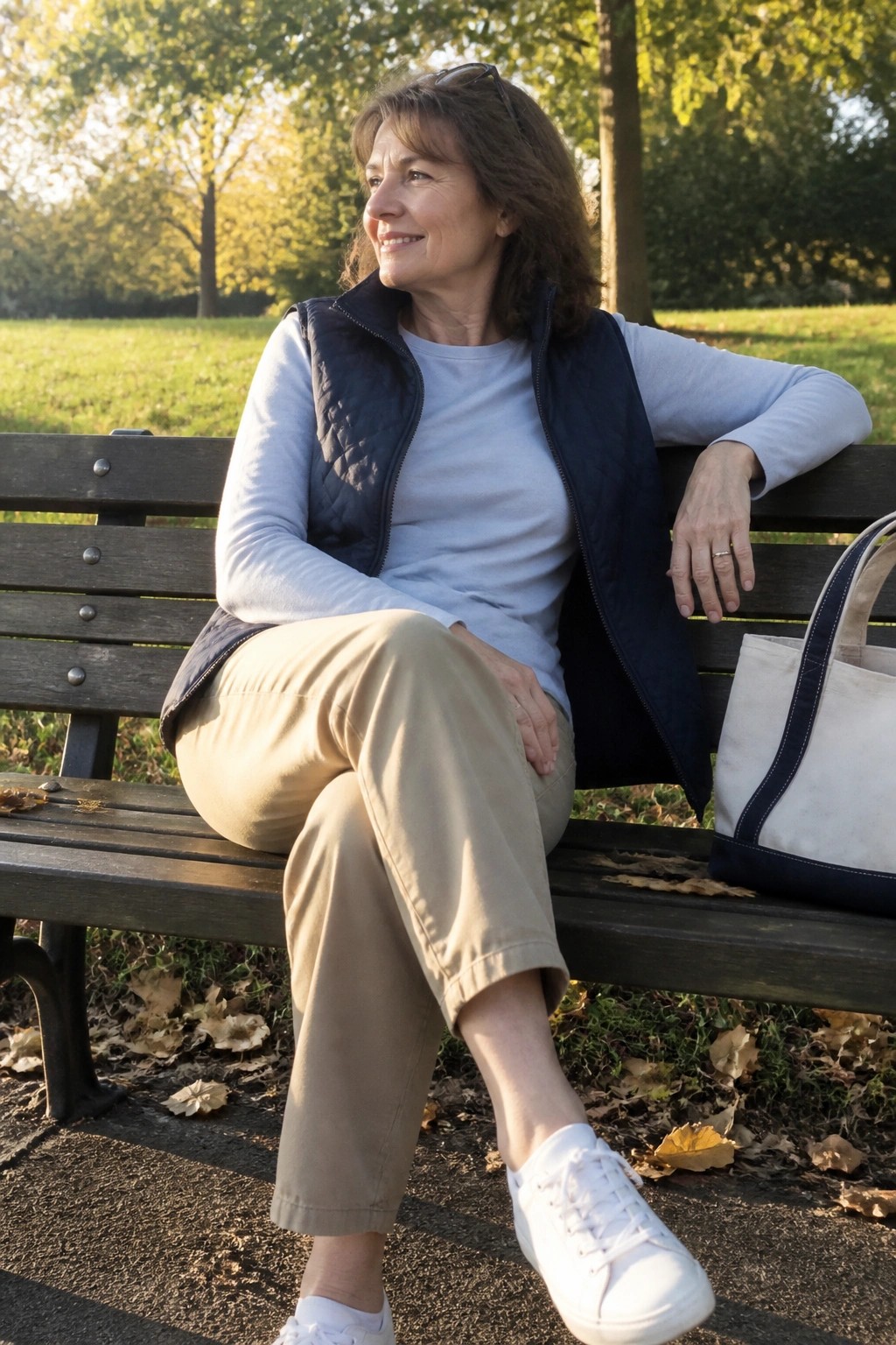 Woman in navy vest and beige pants on park bench beside tote bag