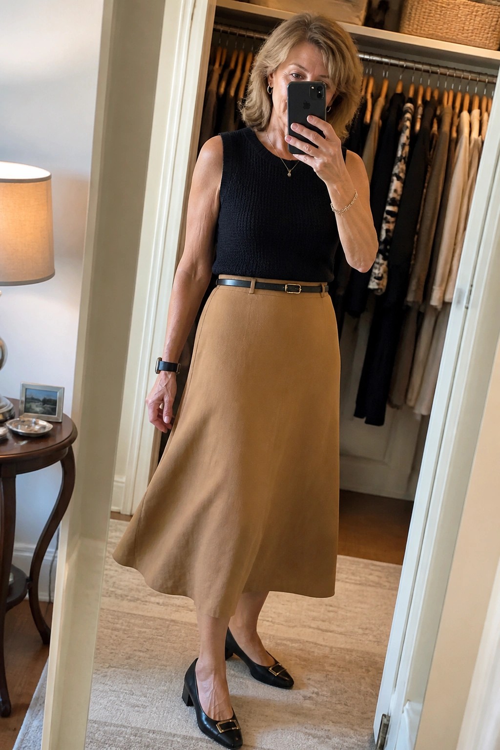 Woman over 50 wearing a black sleeveless knit top tucked into a tan A line midi skirt with black belt black low heel shoes and gold jewelry standing in front of a closet mirror.