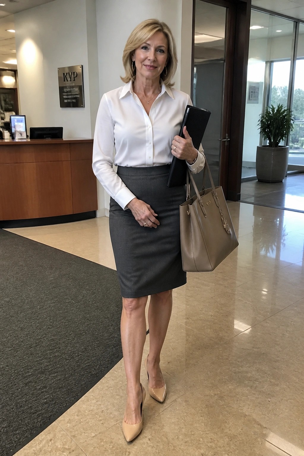 Blonde woman in white shirt and gray skirt holding folder and beige bag in office lobby