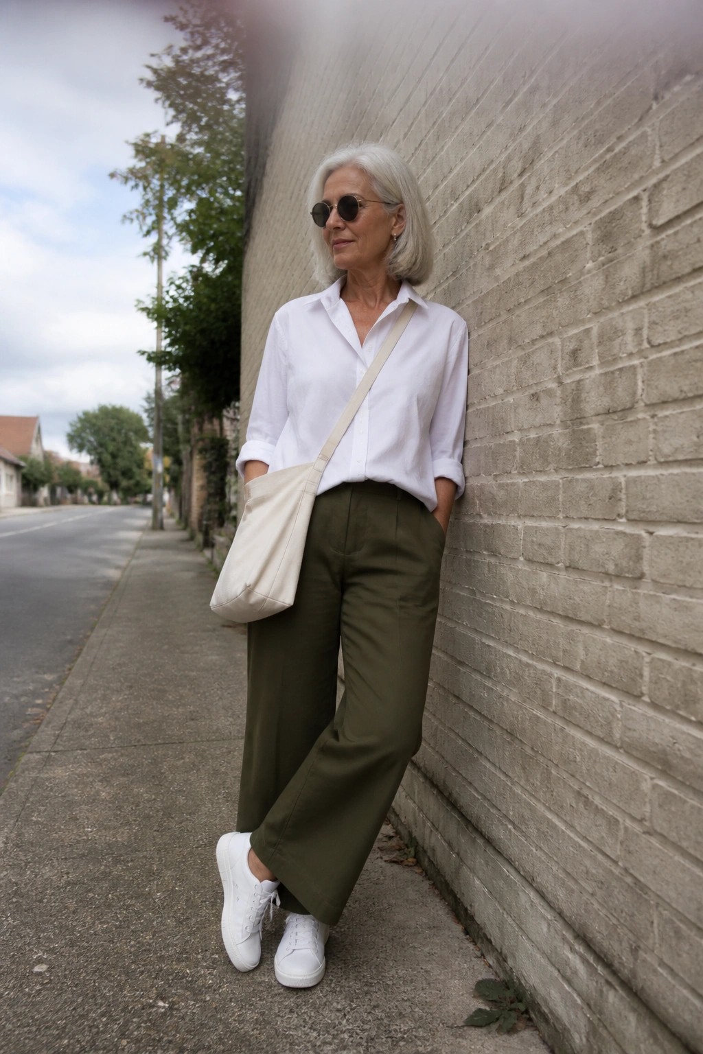 A woman with white hair wearing a white button-up shirt tucked into olive green wide-leg pants, white sneakers, and a beige crossbody bag while leaning against a brick wall.