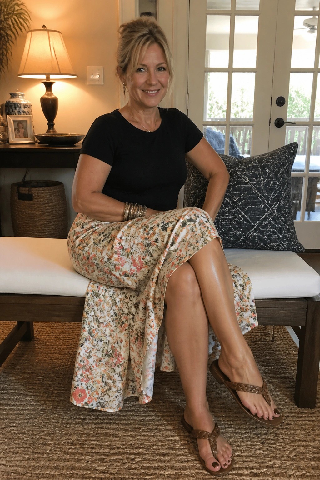 Smiling blonde woman in black top and floral skirt seated on bench in sandals