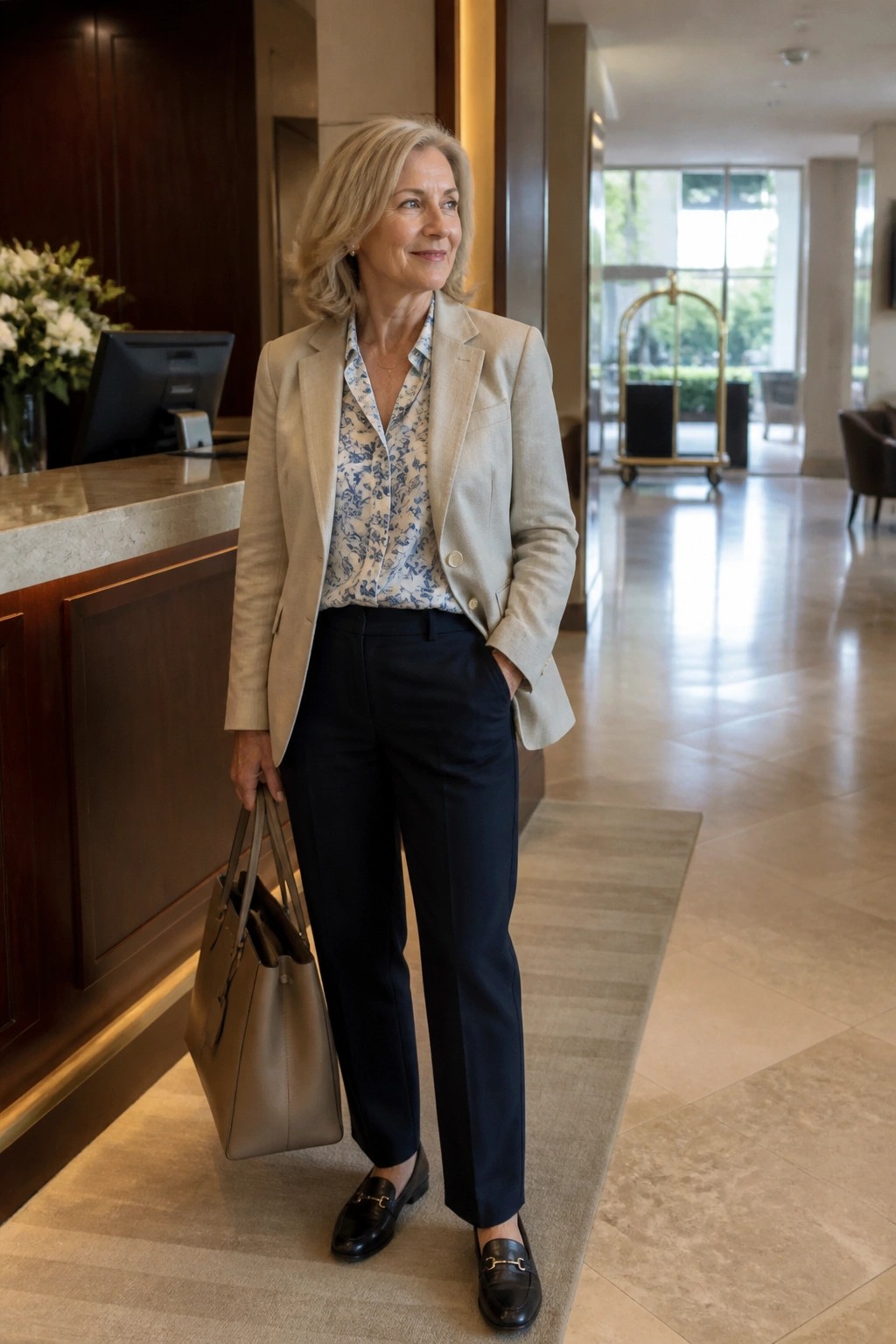 Woman wearing a beige blazer over a blue floral blouse with navy straight pants and black loafers while holding a taupe handbag.