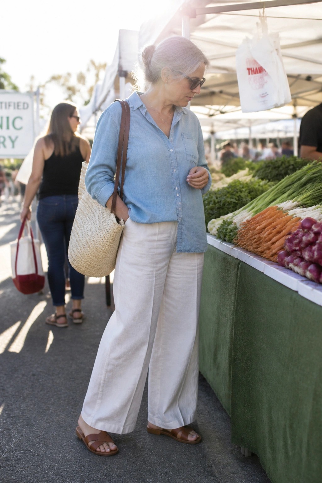 Silver-haired woman in blue shirt and white pants at farmers market produce stand