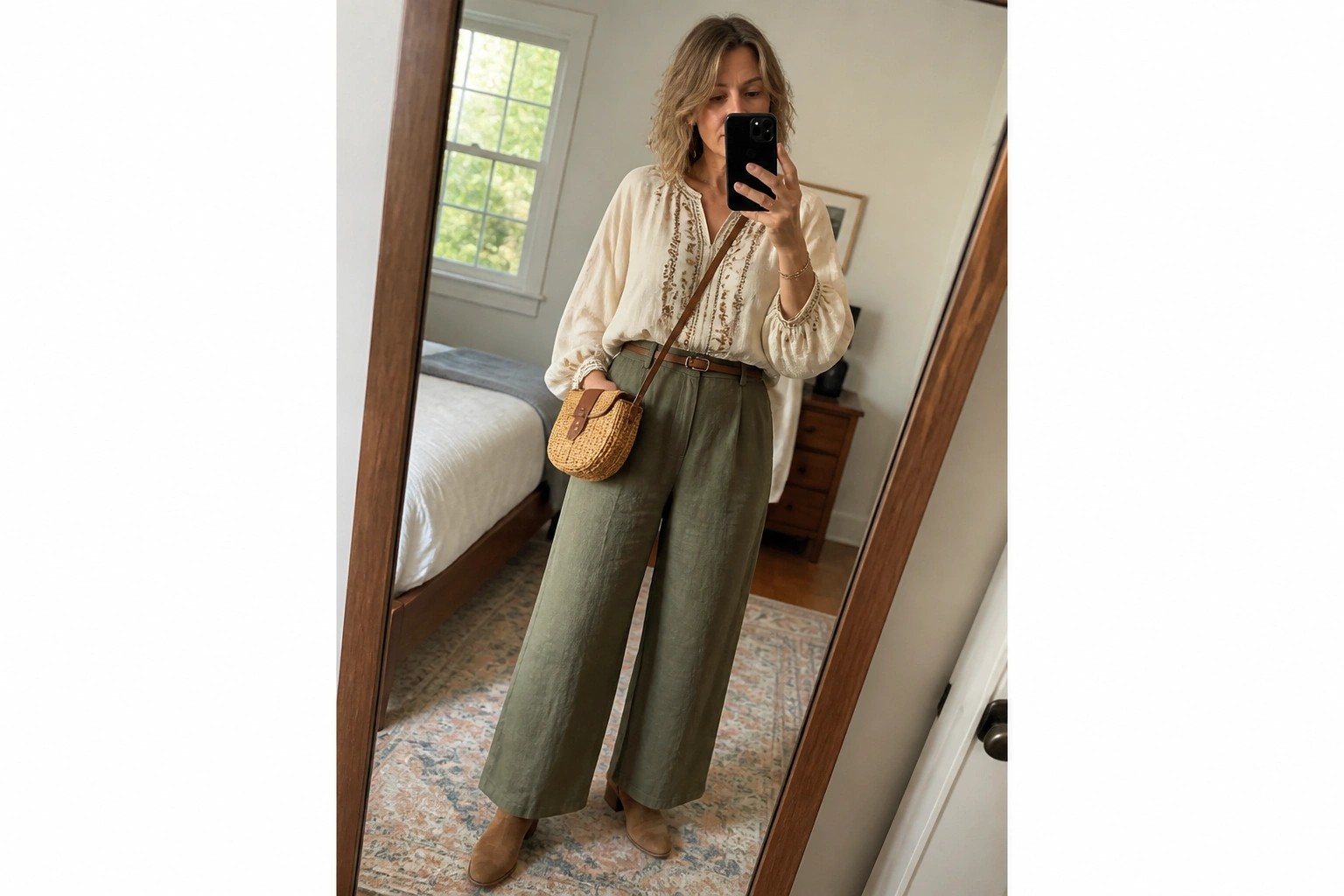 Woman in white embroidered blouse and green wide-leg pants taking bedroom mirror selfie