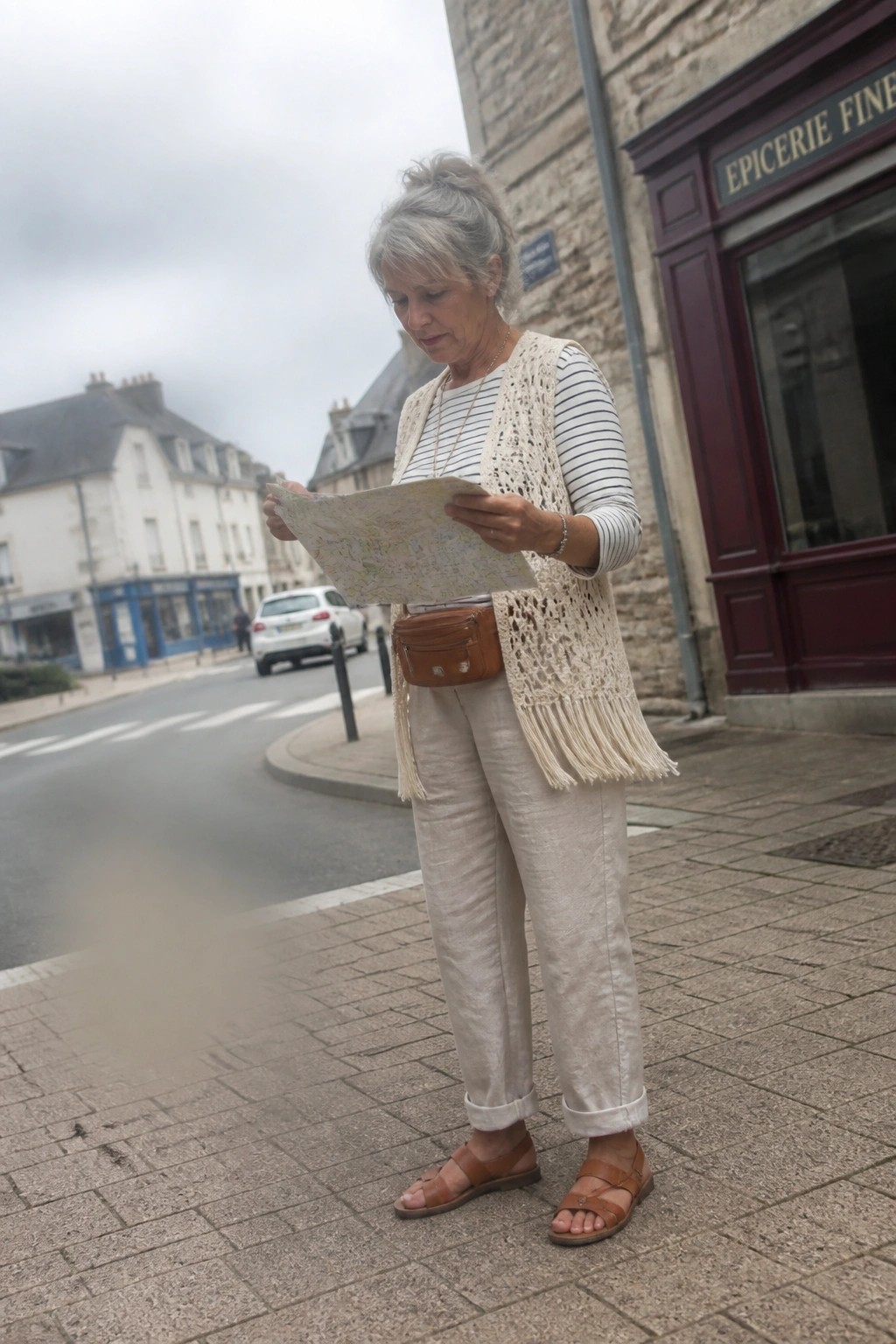 Elderly woman with gray hair reads map on street by maroon shop door.