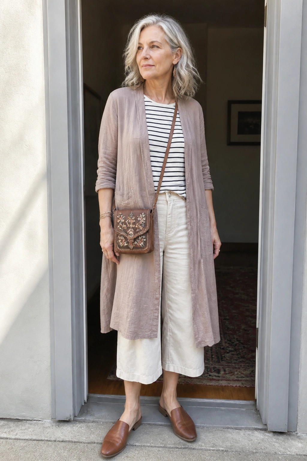 Silver-haired woman in beige cardigan over striped top with embroidered crossbody bag in doorway.