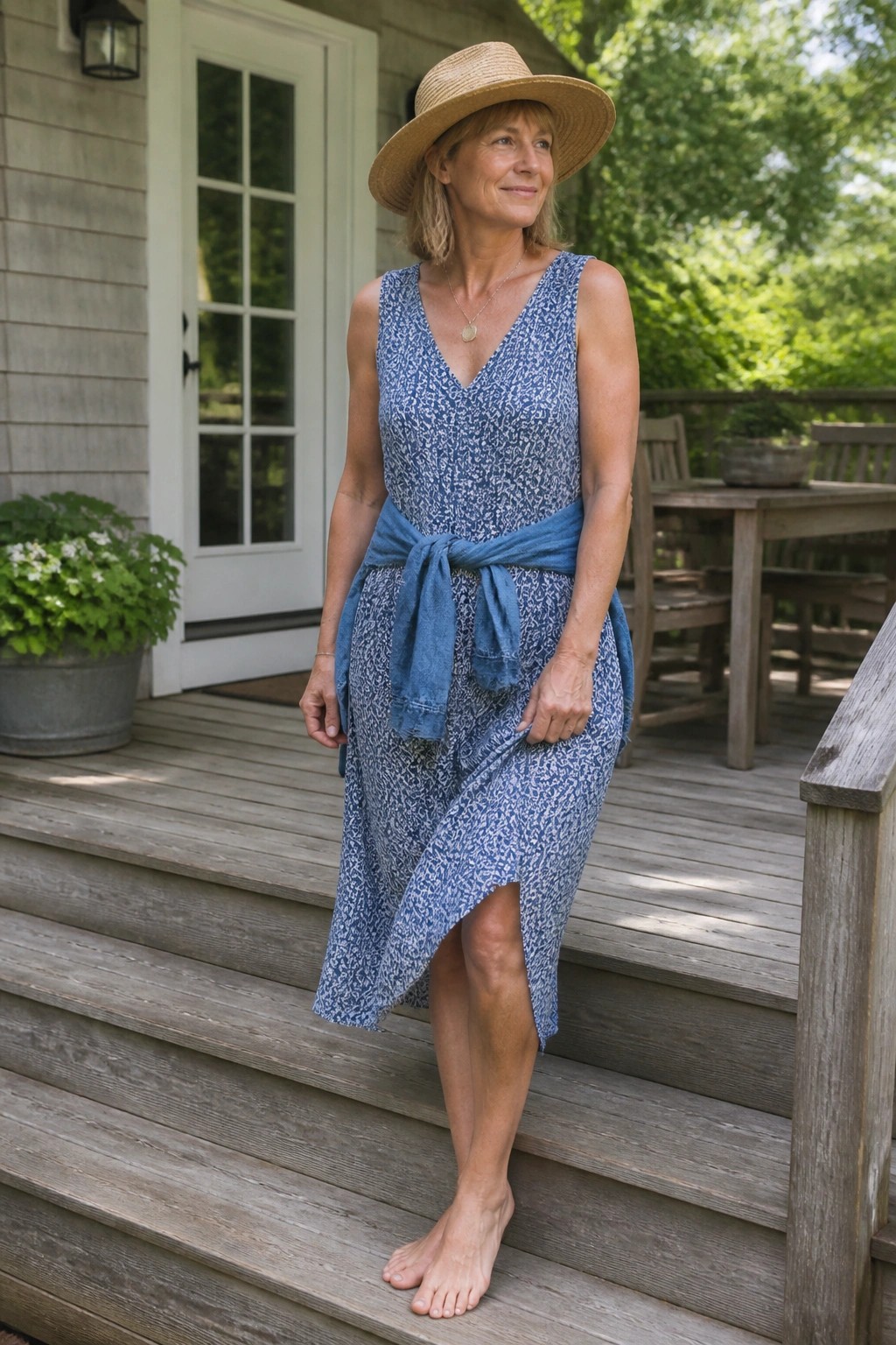 Woman in blue patterned dress with sash and straw hat on wooden steps