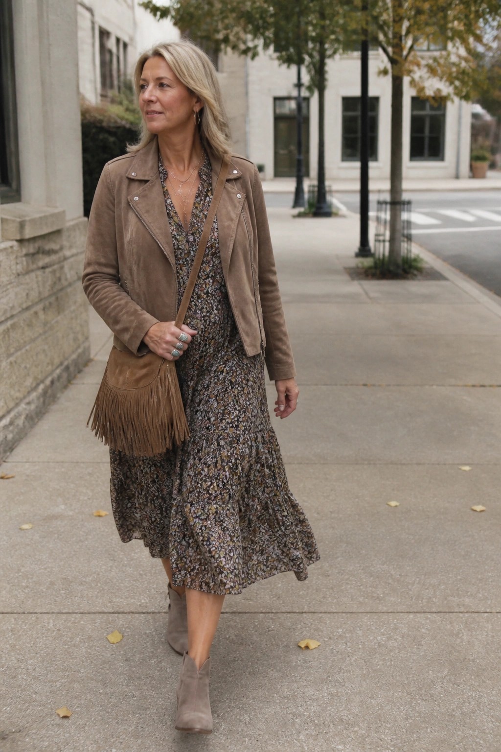 Woman in brown suede jacket over floral dress with fringed bag on sidewalk.