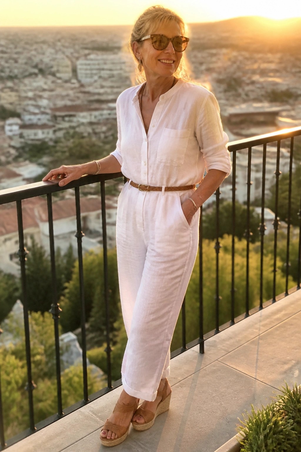 Smiling woman in white linen jumpsuit on balcony overlooking city at sunset.