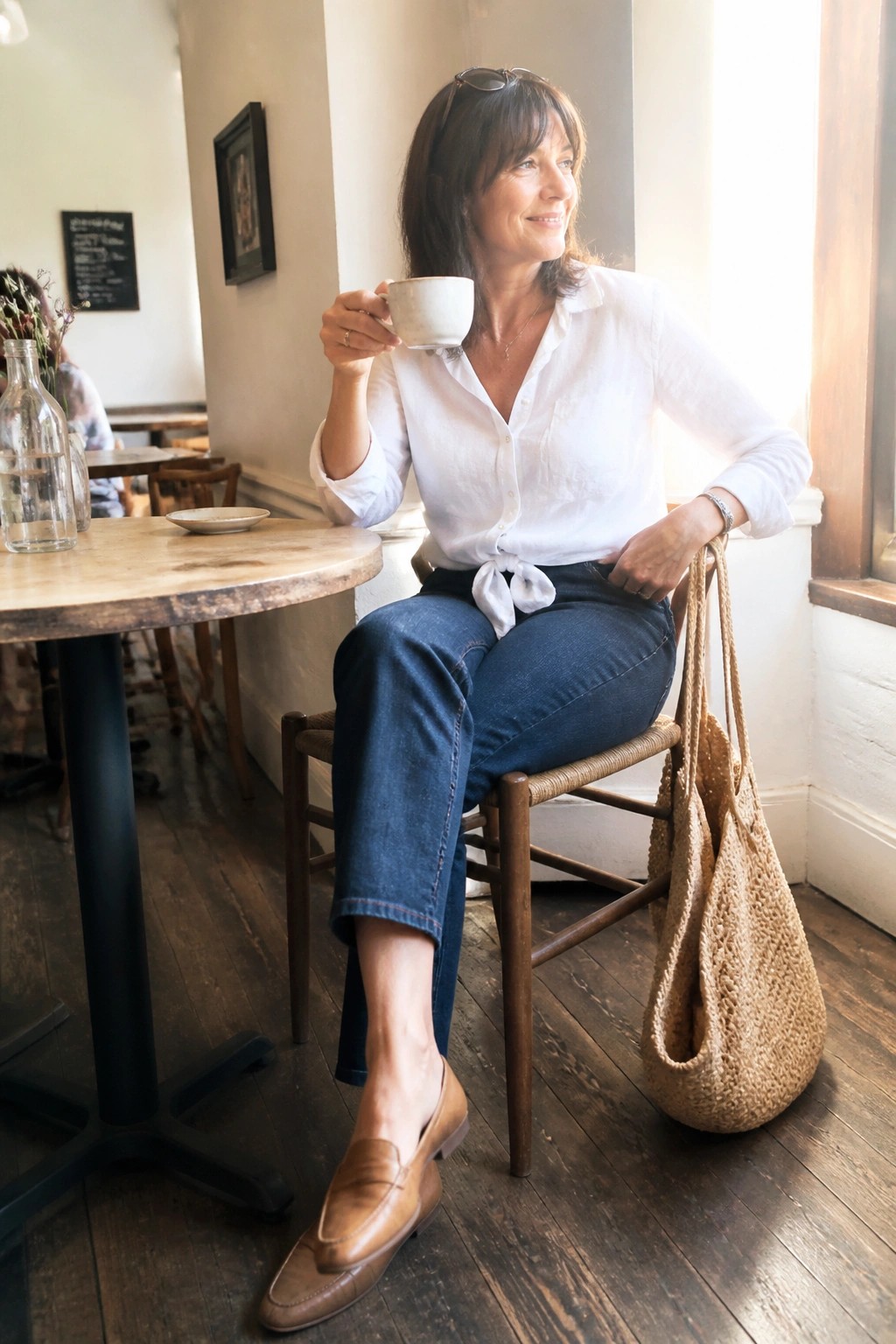 Woman in white shirt and jeans holds coffee cup in sunlit cafe.